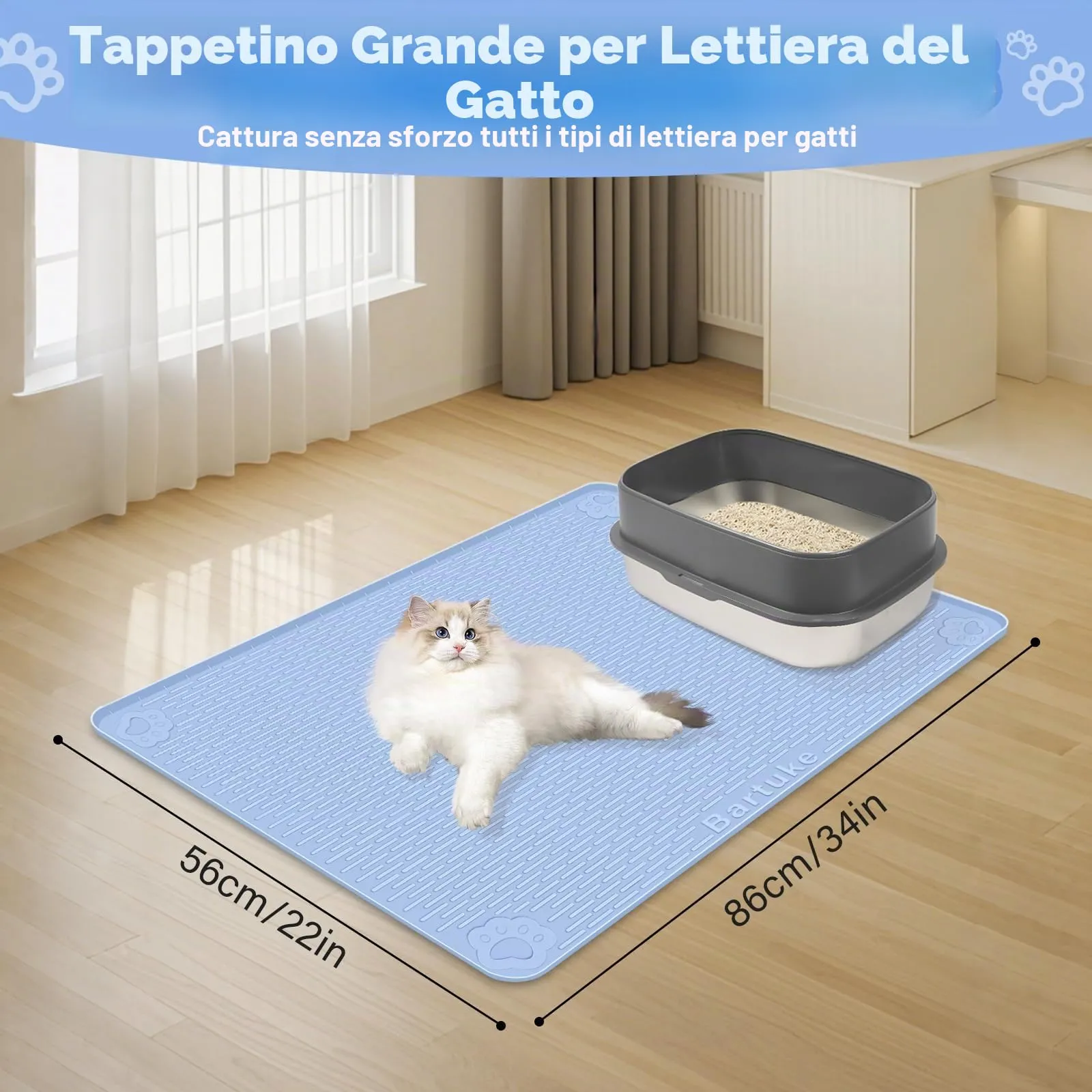 Bartuke Tappetino per lettiera per gatti, 86 x 56 cm, in silicone, per controllo della dispersione, morbido per zampe di gatto, facile da pulire (blu) - immagine 2