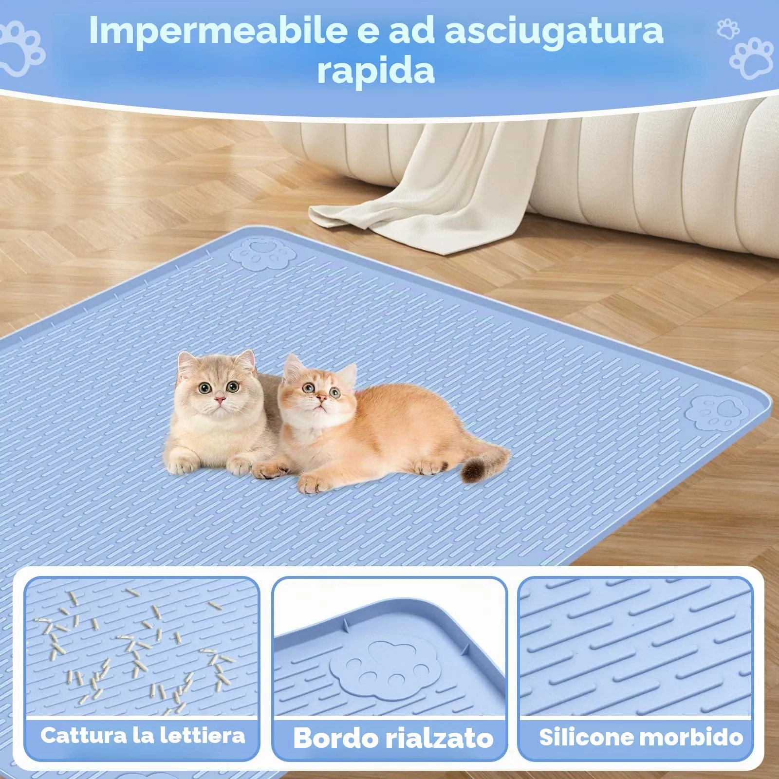 Bartuke Tappetino per lettiera per gatti, 86 x 56 cm, in silicone, per controllo della dispersione, morbido per zampe di gatto, facile da pulire (blu) - immagine 3