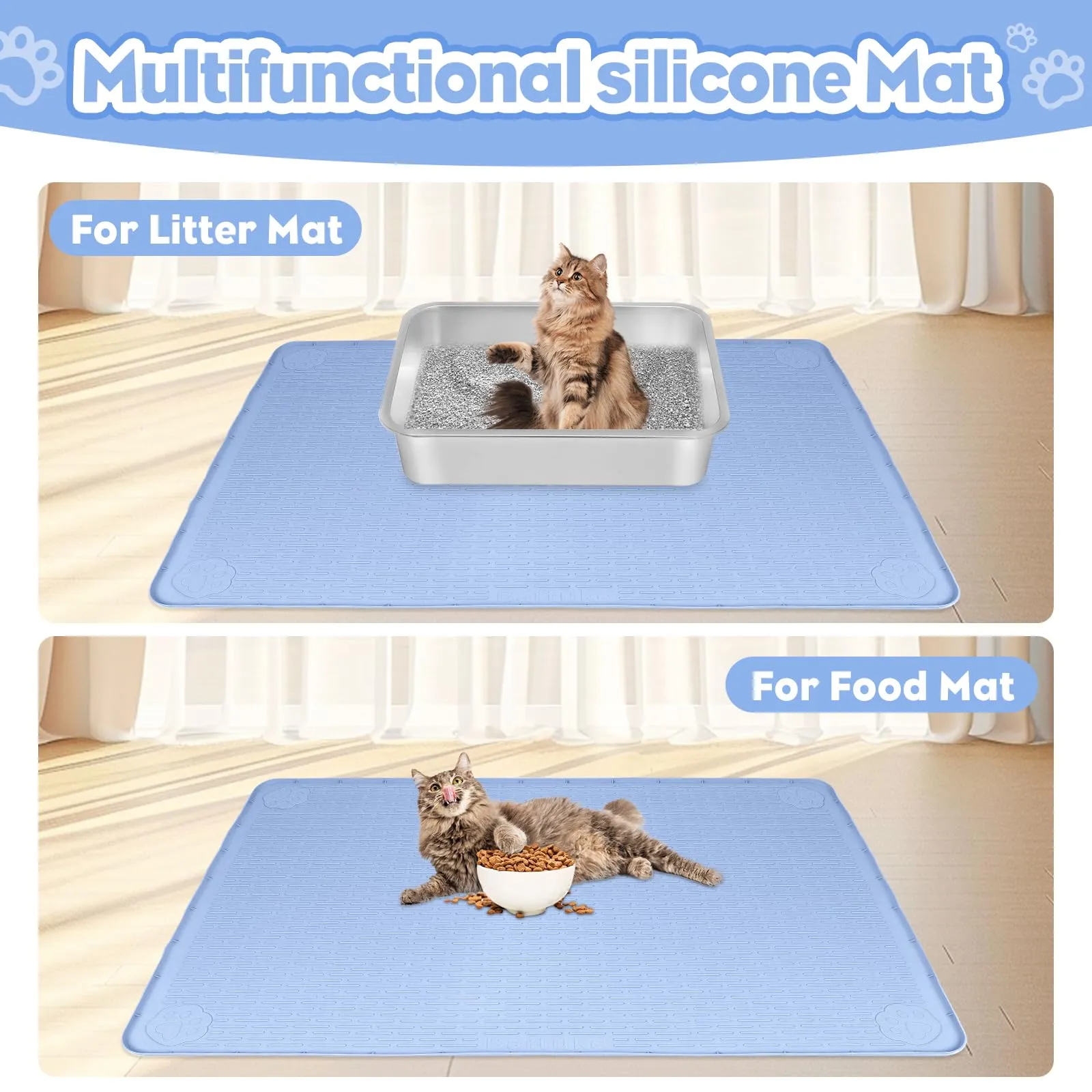 Bartuke Tappetino per lettiera per gatti, 86 x 56 cm, in silicone, per controllo della dispersione, morbido per zampe di gatto, facile da pulire (blu) - immagine 6