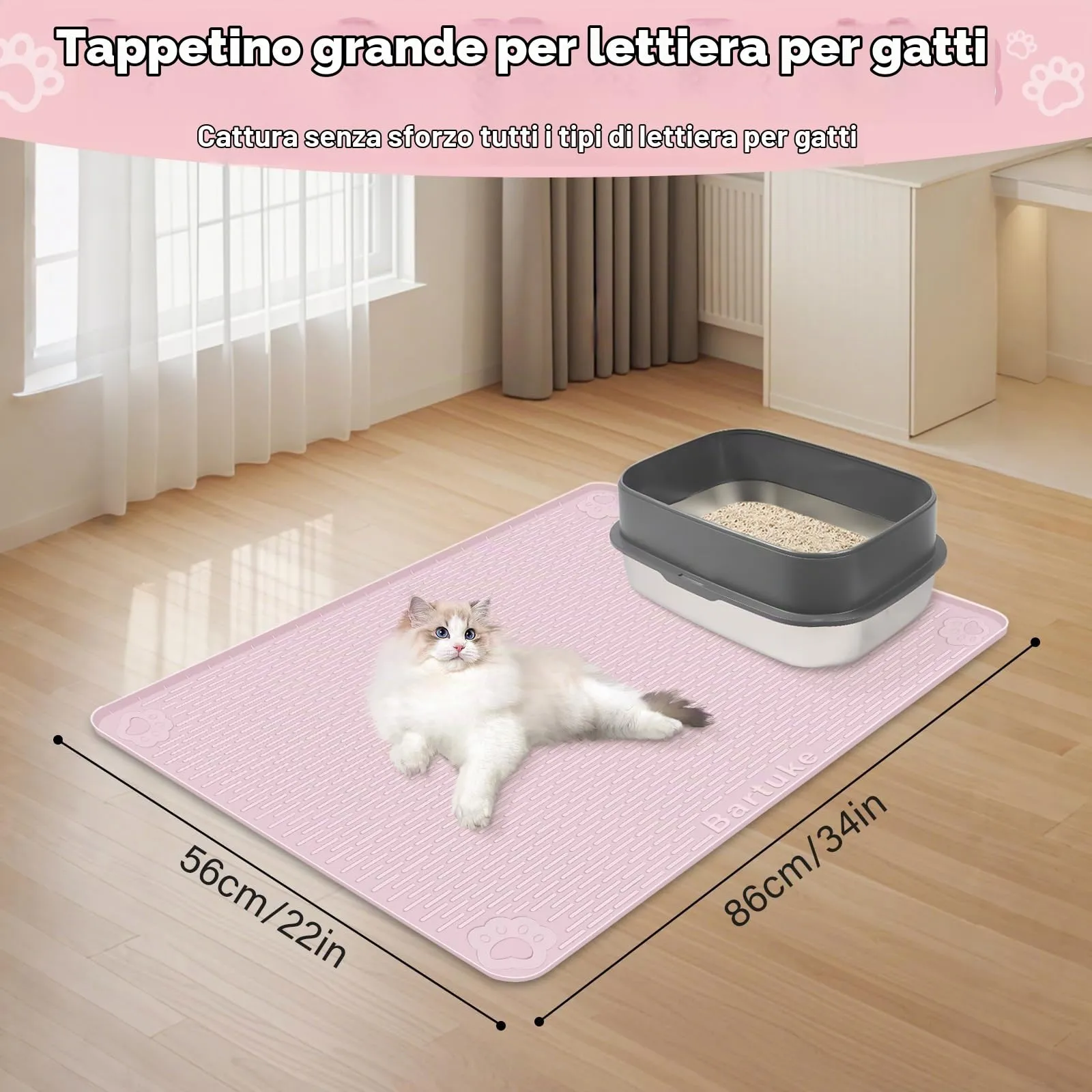 Bartuke Tappetino per lettiera per gatti, 86 x 56 cm, in silicone, per il controllo dello spargimento, morbido sulle zampe del gatto, facile da pulire (rosa) - immagine 2