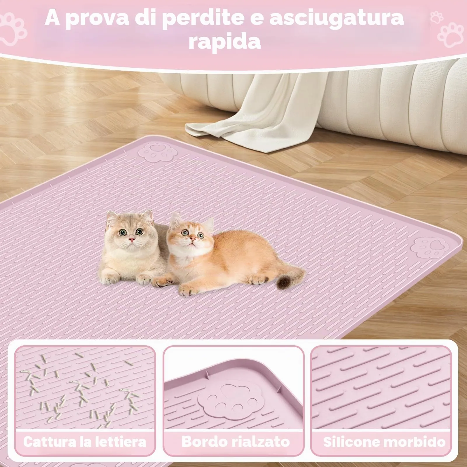 Bartuke Tappetino per lettiera per gatti, 86 x 56 cm, in silicone, per il controllo dello spargimento, morbido sulle zampe del gatto, facile da pulire (rosa) - immagine 3