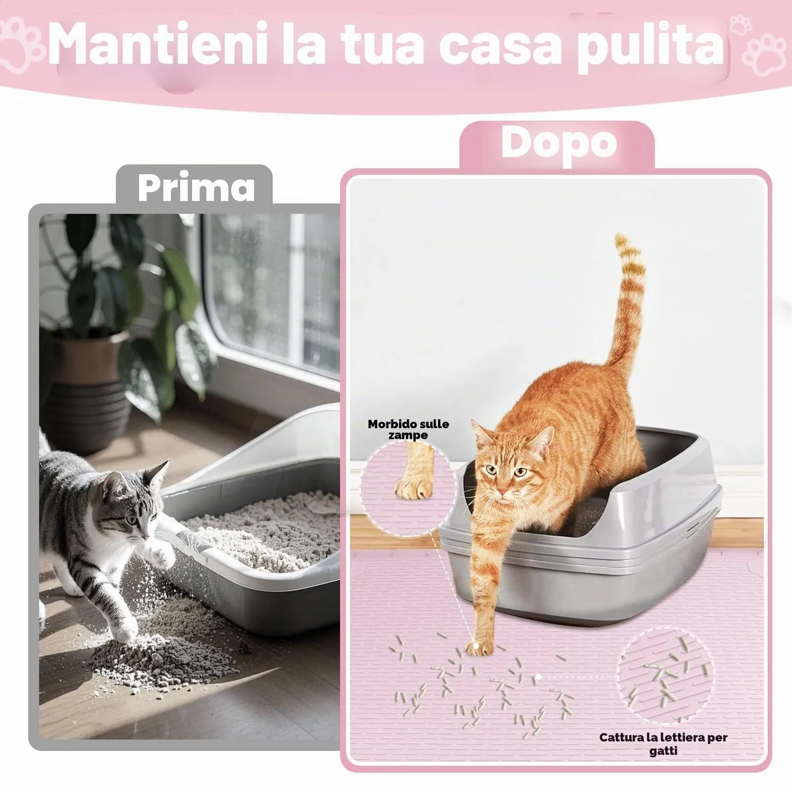 Bartuke Tappetino per lettiera per gatti, 86 x 56 cm, in silicone, per il controllo dello spargimento, morbido sulle zampe del gatto, facile da pulire (rosa) - immagine 4