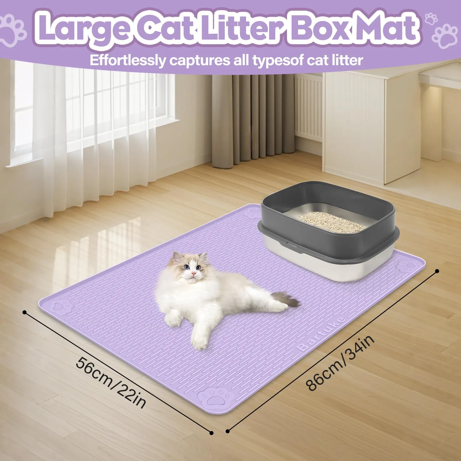 Bartuke Tappetino per lettiera per gatti, 86 x 56 cm, in silicone, per il controllo dello spargimento, morbido sulle zampe del gatto, facile da pulire (viola) - immagine 2