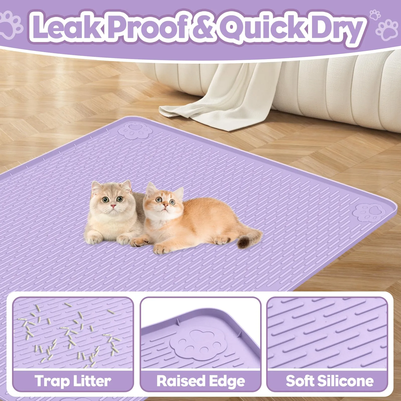 Bartuke Tappetino per lettiera per gatti, 86 x 56 cm, in silicone, per il controllo dello spargimento, morbido sulle zampe del gatto, facile da pulire (viola) - immagine 3