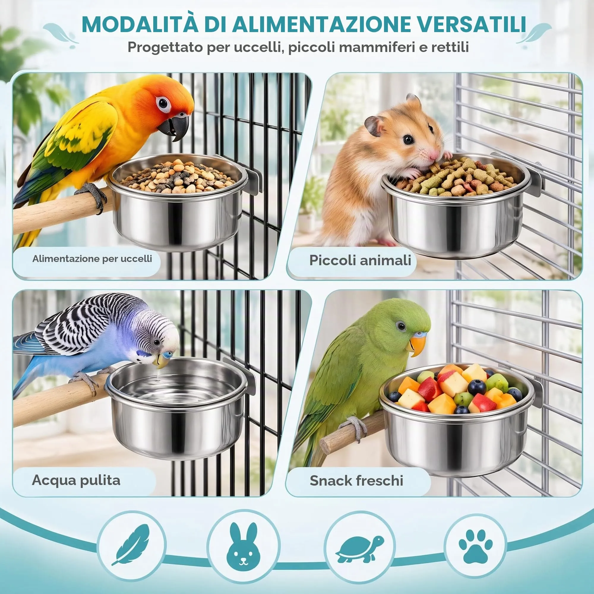 4 Pz Ciotole per Uccelli in Acciaio Inox 10 X 4,5cm Coppette per Pappagalli - immagine 7