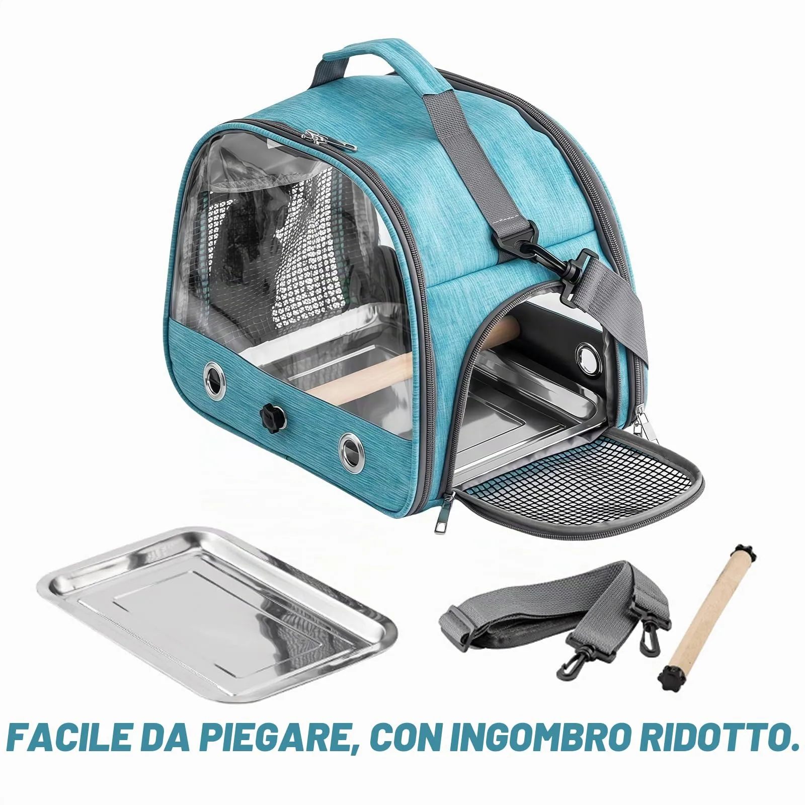 WIYETY Contenitore per il trasporto di uccelli: zaino per uccelli con posatoio e panca in acciaio inox, leggero e traspirante, gabbia da viaggio per pappagalli - immagine 4