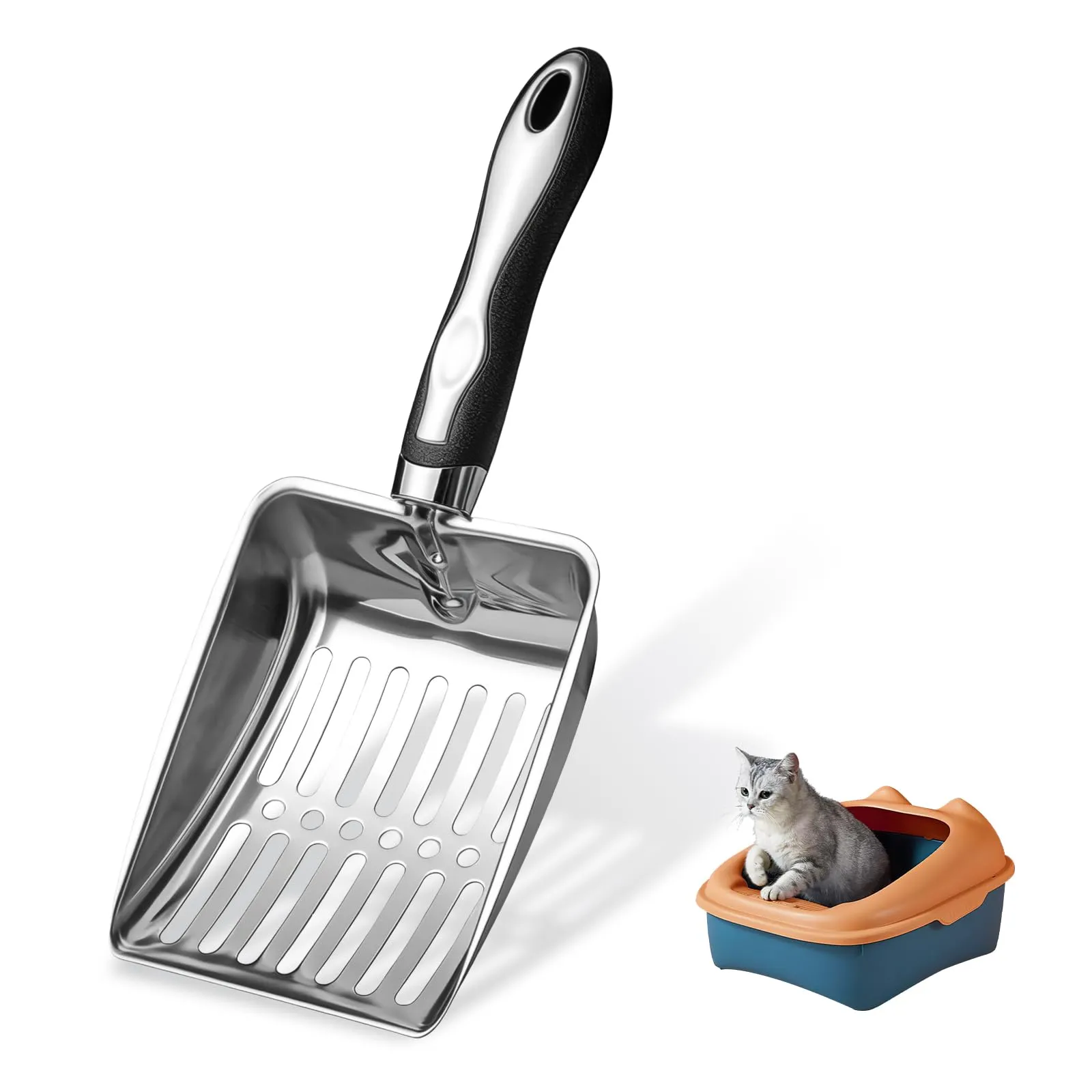 Nokwocy Paletta per lettiera per Gatti, Paletta per lettiera con Manico in Legno, Paletta per lettiera in Metallo a 4mm di porosità, Paletta per lettiera per Gatti (Black) - immagine 1