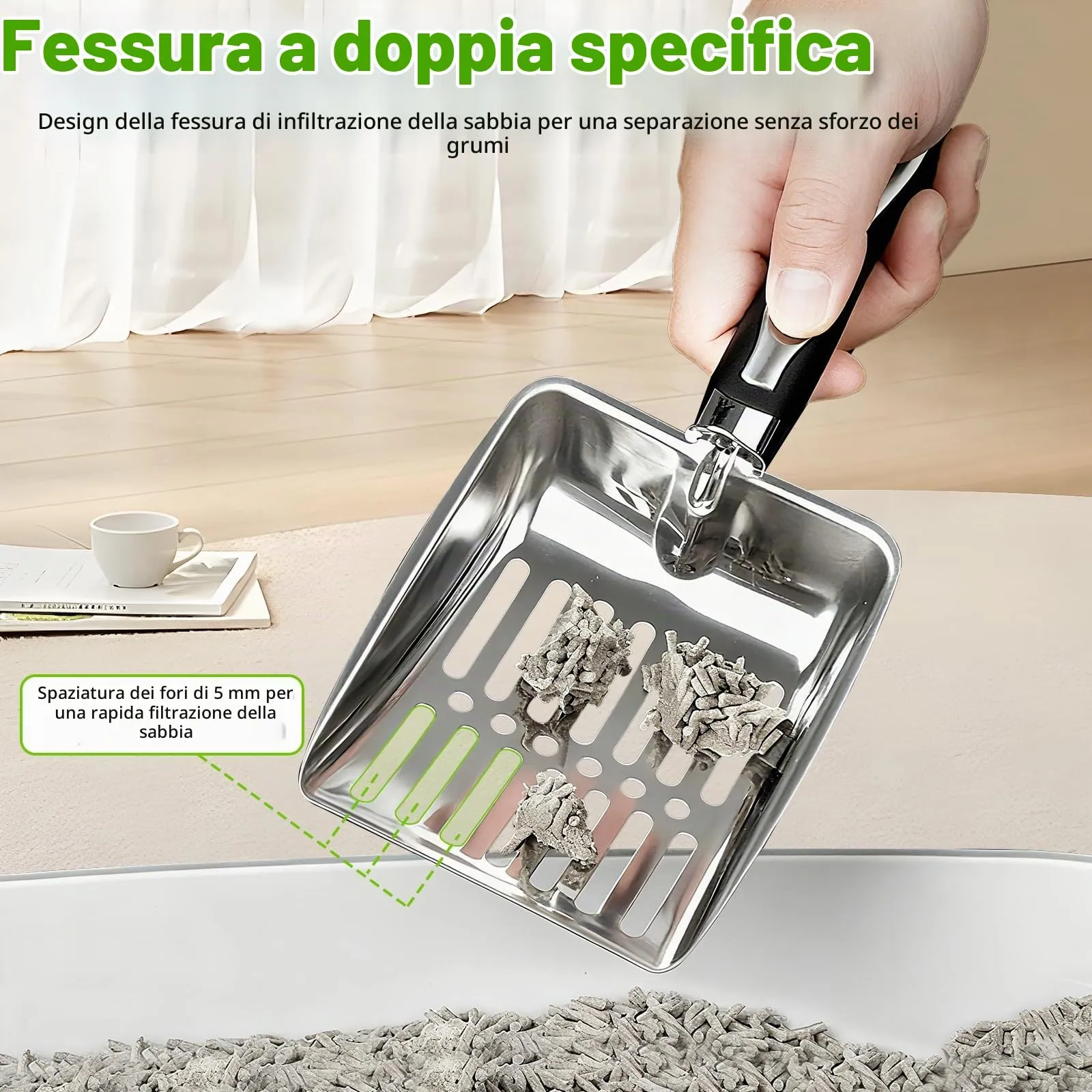 Nokwocy Paletta per lettiera per Gatti, Paletta per lettiera con Manico in Legno, Paletta per lettiera in Metallo a 4mm di porosità, Paletta per lettiera per Gatti (Black) - immagine 3