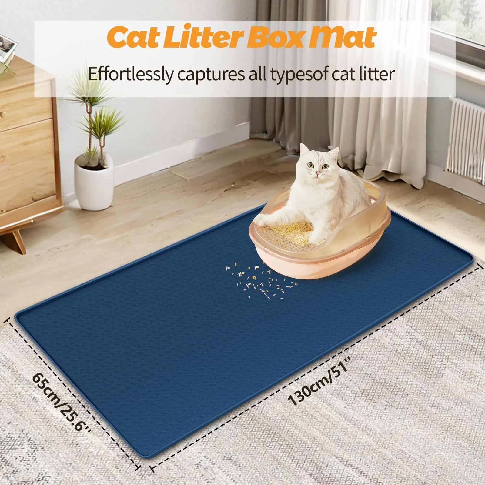 Bartuke Tappetino per lettiere per gatti, tappetino in silicone extra large da 51"x26" per il controllo della dispersione della lettiera, morbido per le zampe del micio, facile da pulire (Blu navy) - immagine 2