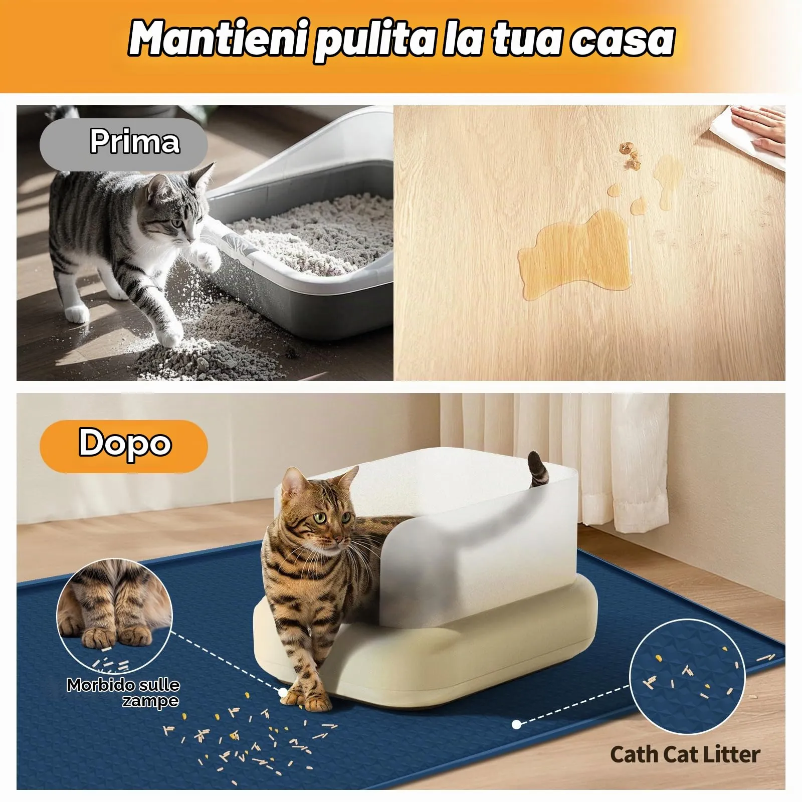 Bartuke Tappetino per lettiere per gatti, tappetino in silicone extra large da 51"x26" per il controllo della dispersione della lettiera, morbido per le zampe del micio, facile da pulire (Blu navy) - immagine 4