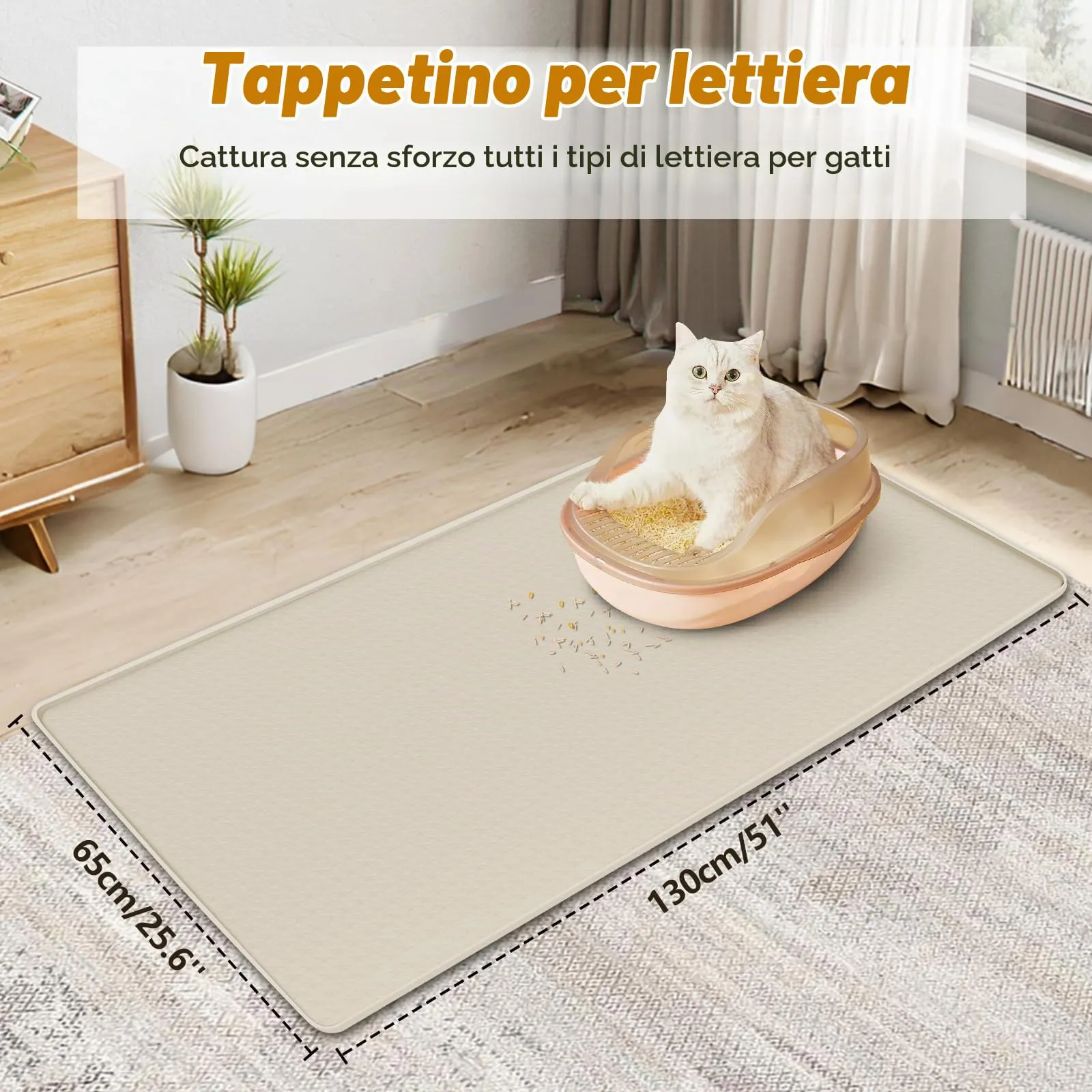 Bartuke Tappetino per lettiere per gatti, tappetino in silicone extra large da 51"x26" per il controllo della dispersione della lettiera, morbido per le zampe del micio, facile da pulire (Beige) - immagine 2
