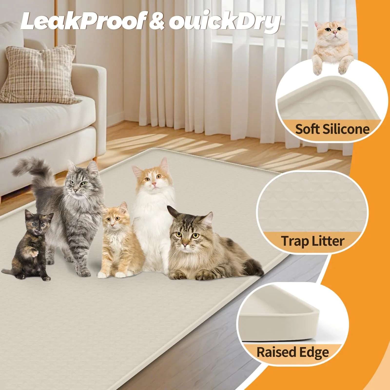 Bartuke Tappetino per lettiere per gatti, tappetino in silicone extra large da 51"x26" per il controllo della dispersione della lettiera, morbido per le zampe del micio, facile da pulire (Beige) - immagine 3