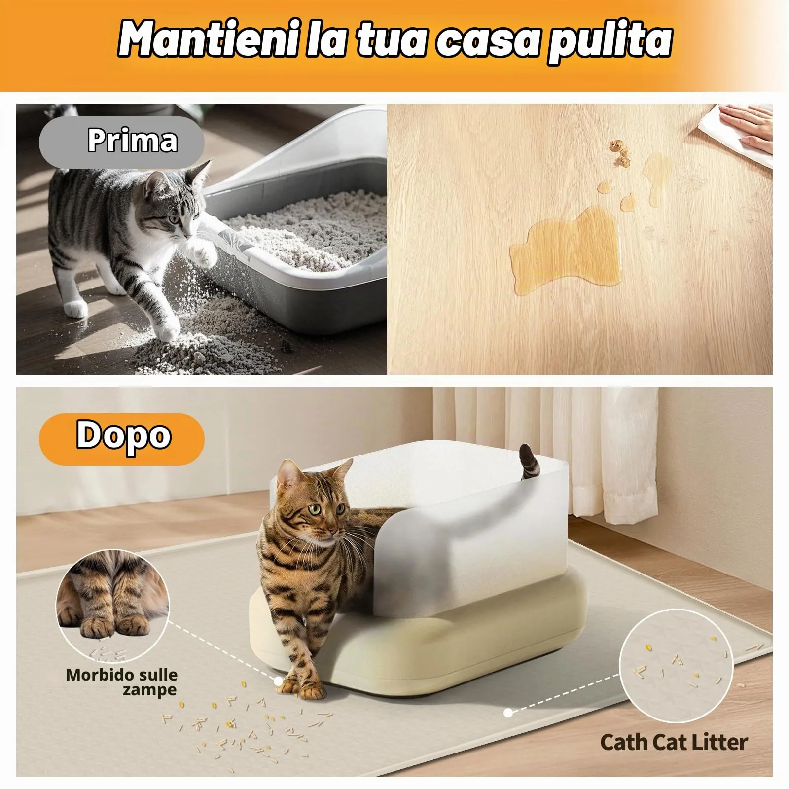 Bartuke Tappetino per lettiere per gatti, tappetino in silicone extra large da 51"x26" per il controllo della dispersione della lettiera, morbido per le zampe del micio, facile da pulire (Beige) - immagine 4
