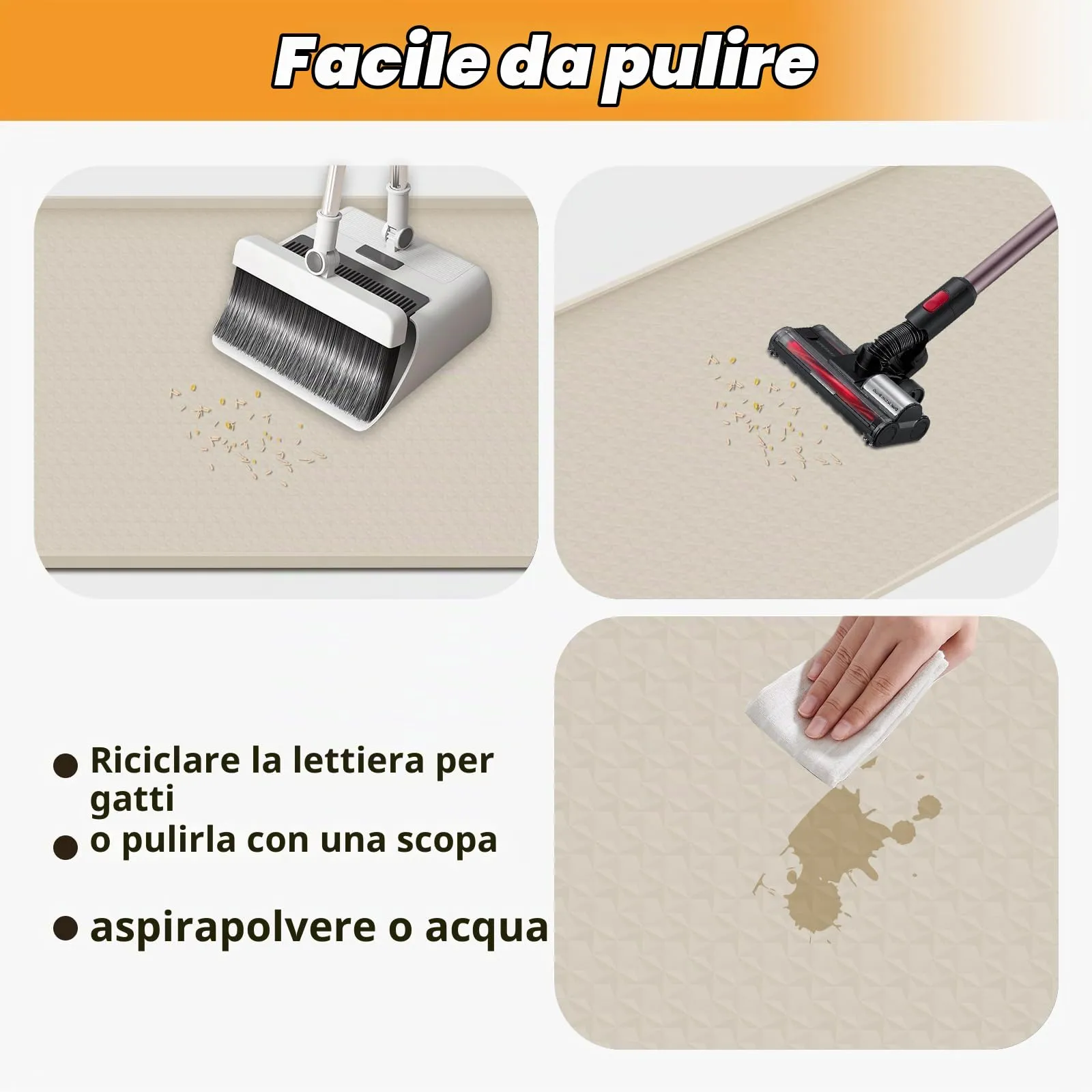 Bartuke Tappetino per lettiere per gatti, tappetino in silicone extra large da 51"x26" per il controllo della dispersione della lettiera, morbido per le zampe del micio, facile da pulire (Beige) - immagine 5