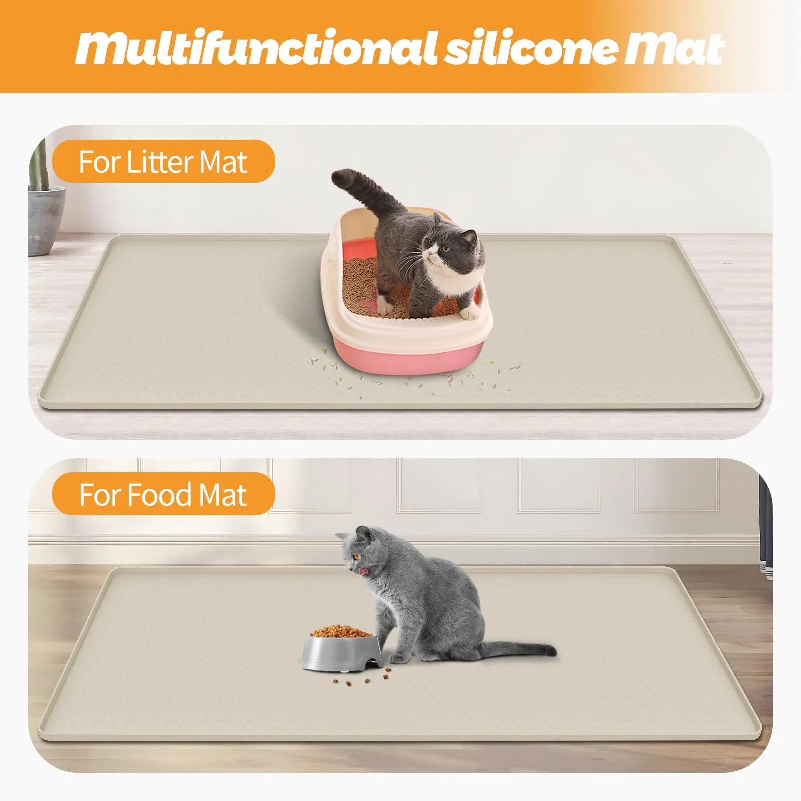 Bartuke Tappetino per lettiere per gatti, tappetino in silicone extra large da 51"x26" per il controllo della dispersione della lettiera, morbido per le zampe del micio, facile da pulire (Beige) - immagine 6