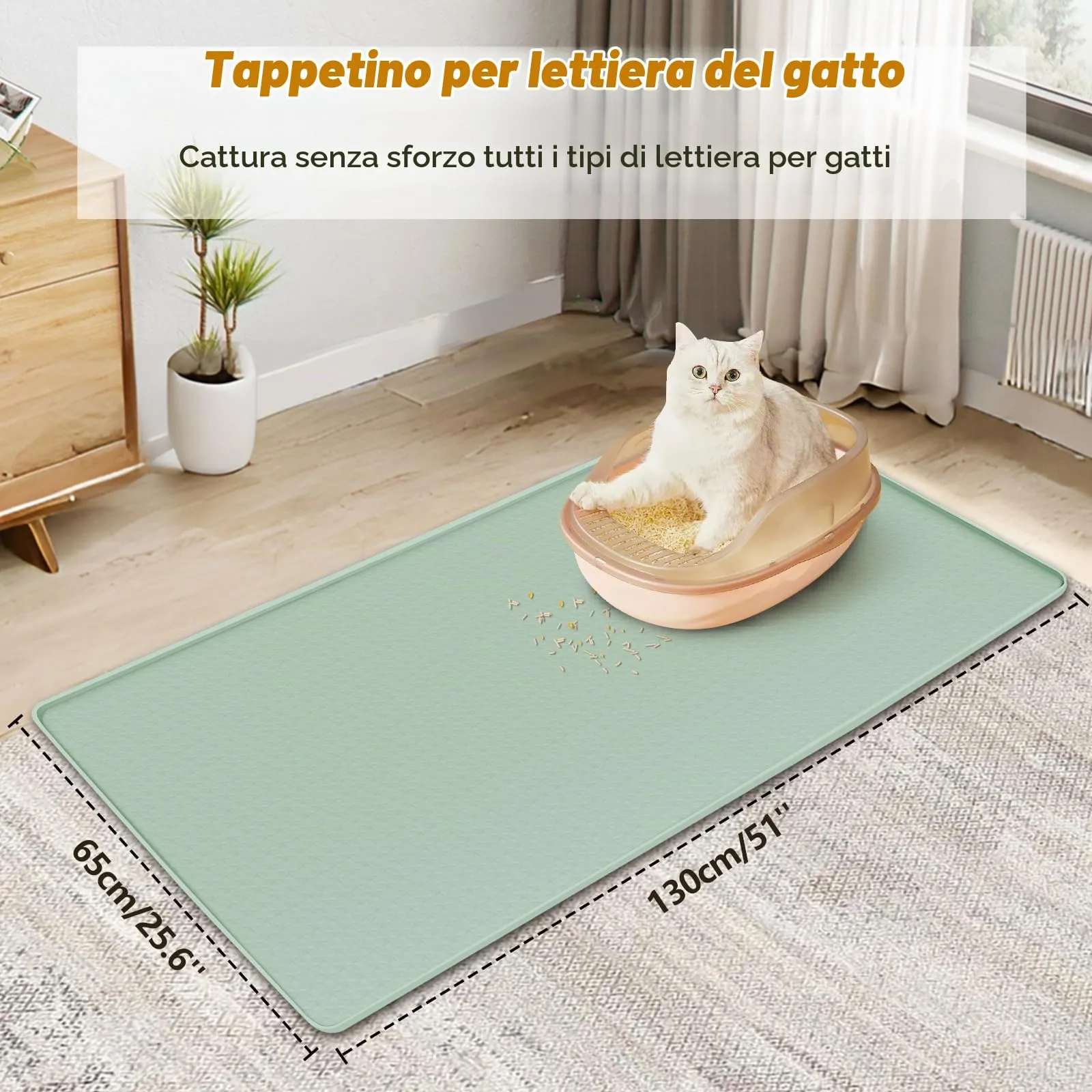 Bartuke Tappetino per lettiere per gatti, tappetino in silicone extra large da 51"x26" per il controllo della dispersione lettiera, morbido per le zampe del micio, facile da pulire (Verde chiaro) - immagine 2