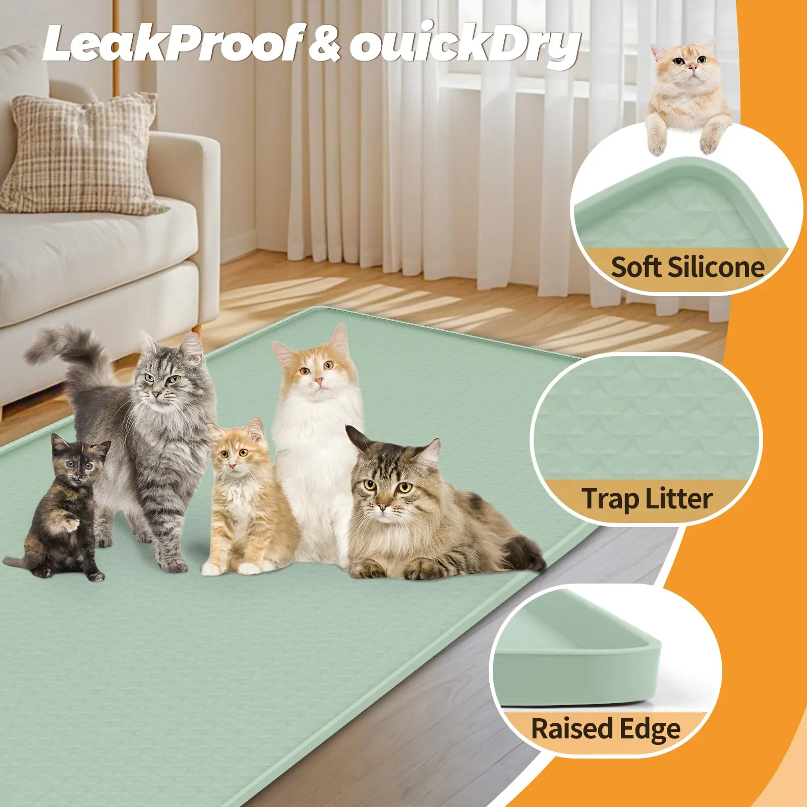 Bartuke Tappetino per lettiere per gatti, tappetino in silicone extra large da 51"x26" per il controllo della dispersione lettiera, morbido per le zampe del micio, facile da pulire (Verde chiaro) - immagine 3