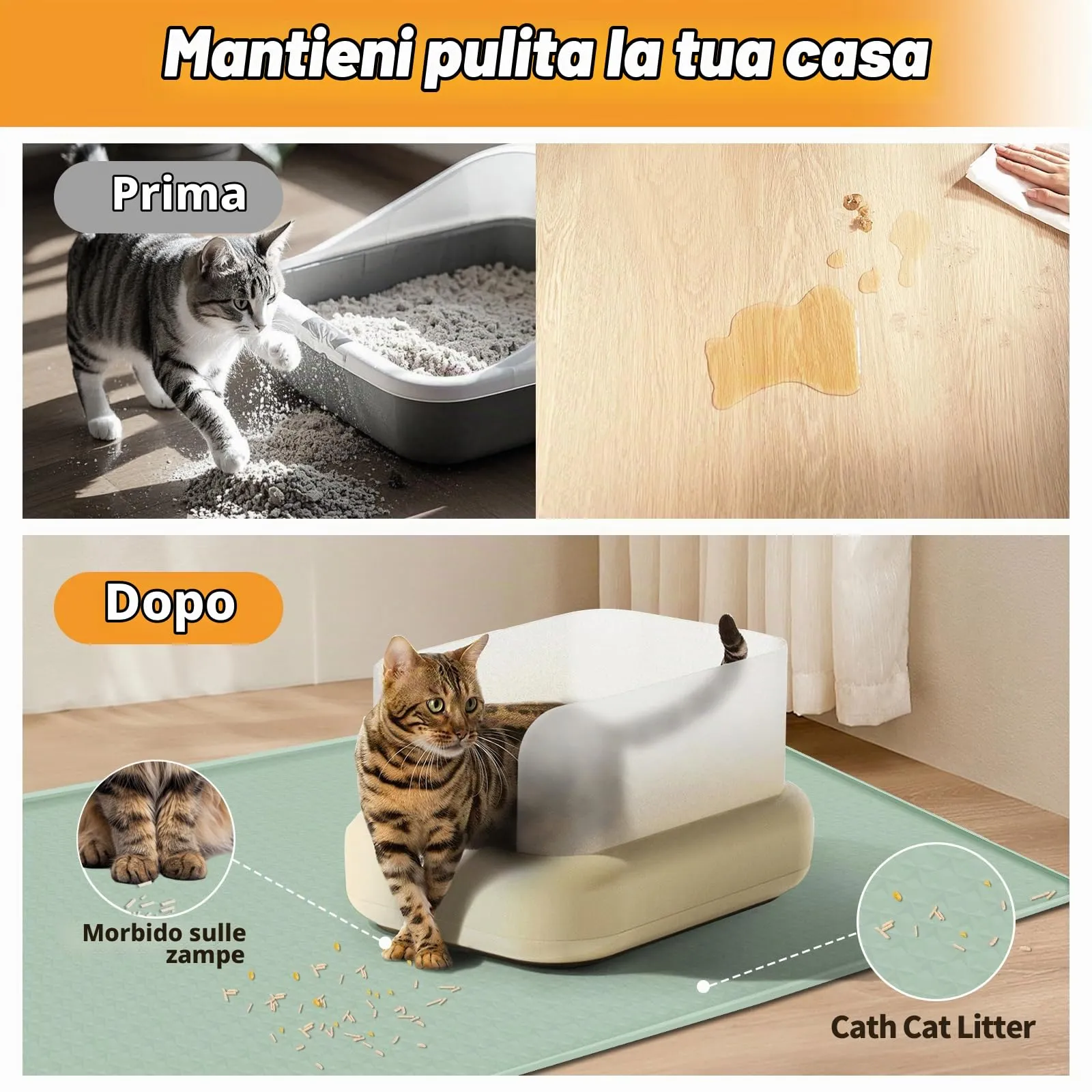 Bartuke Tappetino per lettiere per gatti, tappetino in silicone extra large da 51"x26" per il controllo della dispersione lettiera, morbido per le zampe del micio, facile da pulire (Verde chiaro) - immagine 4