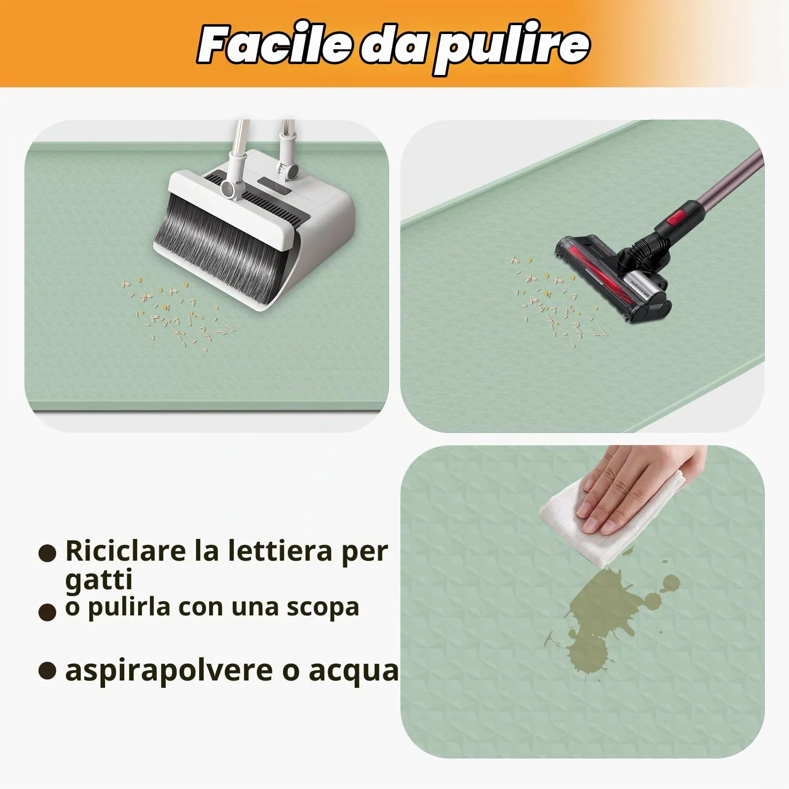 Bartuke Tappetino per lettiere per gatti, tappetino in silicone extra large da 51"x26" per il controllo della dispersione lettiera, morbido per le zampe del micio, facile da pulire (Verde chiaro) - immagine 5