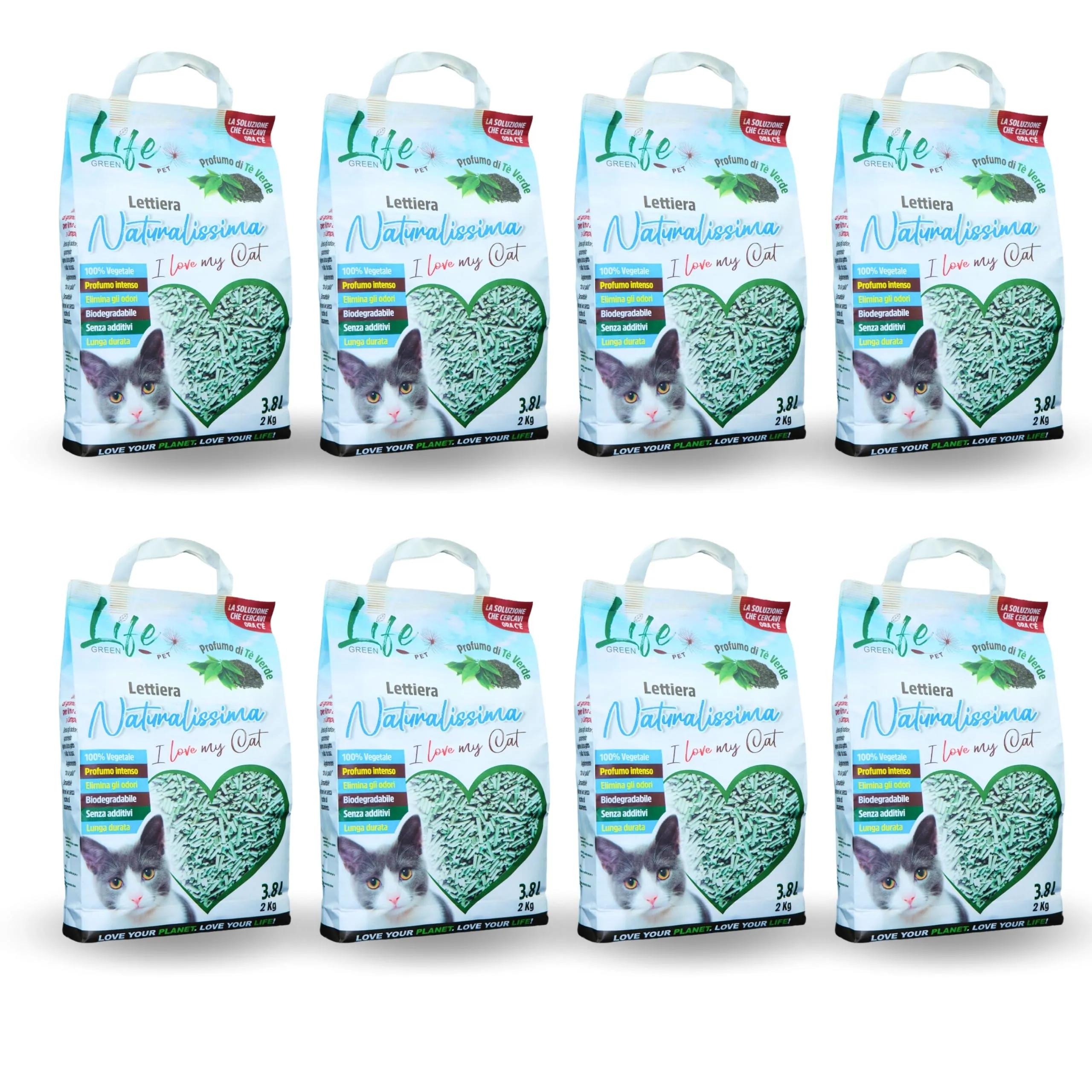 LifeGreen Lettiera Naturalissima per gatti 16 kg Tè Verde, con Fibra di Pisello e Amido di Mais, Vegetale, Biodegradabile, Agglomerante, Elimina odori - immagine 1
