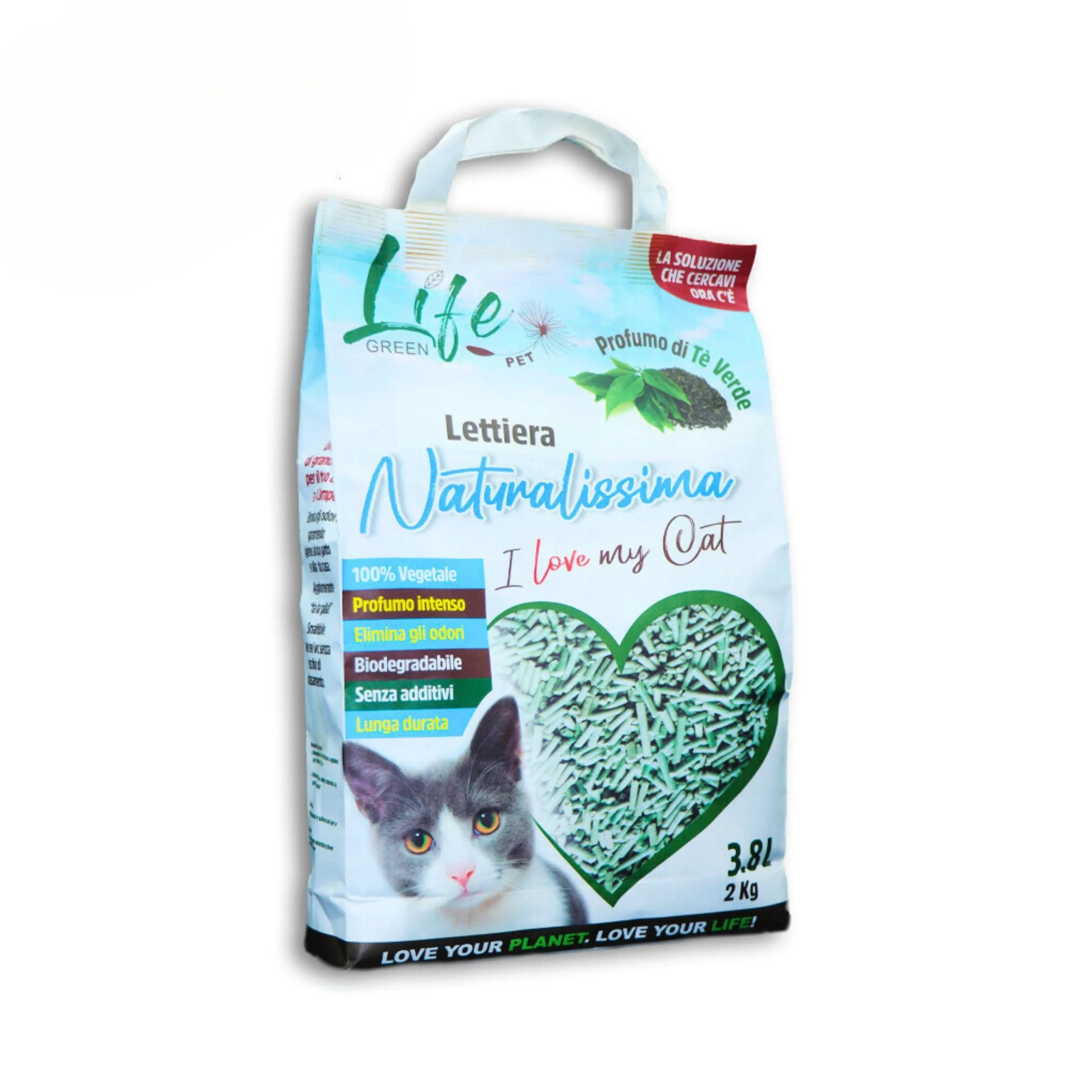 LifeGreen Lettiera Naturalissima per gatti 2 kg Tè Verde, con Fibra di Pisello e Amido di Mais, Vegetale, Biodegradabile, Agglomerante 3.8L, Elimina odori - immagine 1