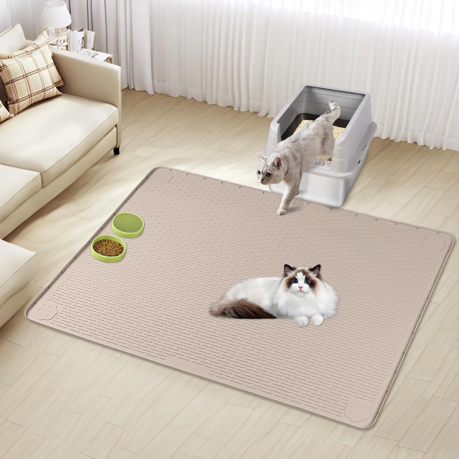 Bartuke Tappetino per lettiera per gatti, extra large, 101 x 101 cm, in silicone, per il controllo dello spargimento, morbido sulle zampe del gatto, facile da pulire (cachi) - immagine 7