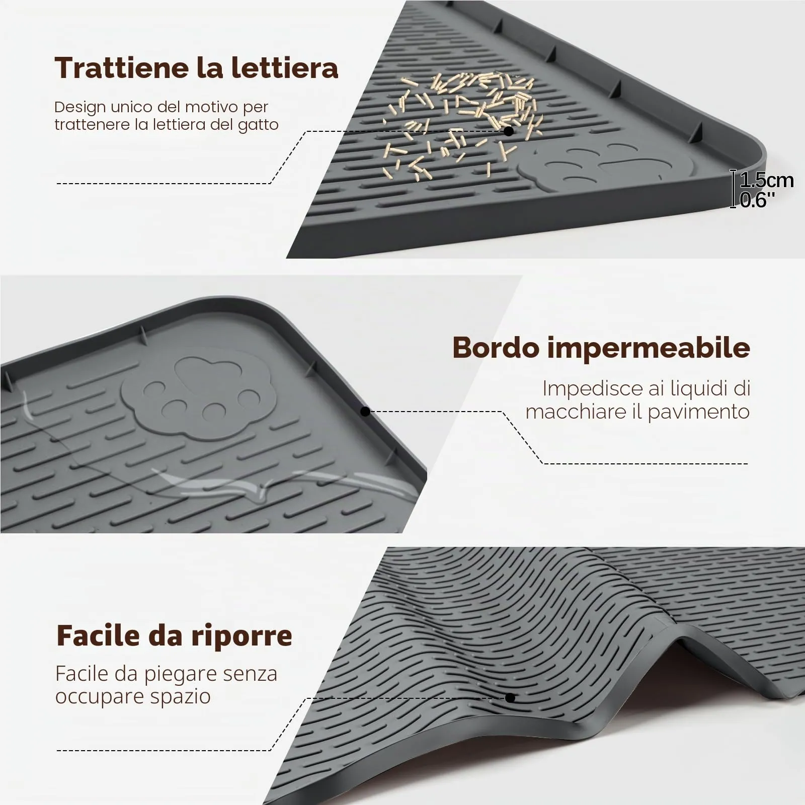 Bartuke Tappetino per lettiera per gatti, extra large, 101 x 101 cm, in silicone, per il controllo dello spargimento, morbido sulle zampe del gatto, facile da pulire (grigio scuro) - immagine 3