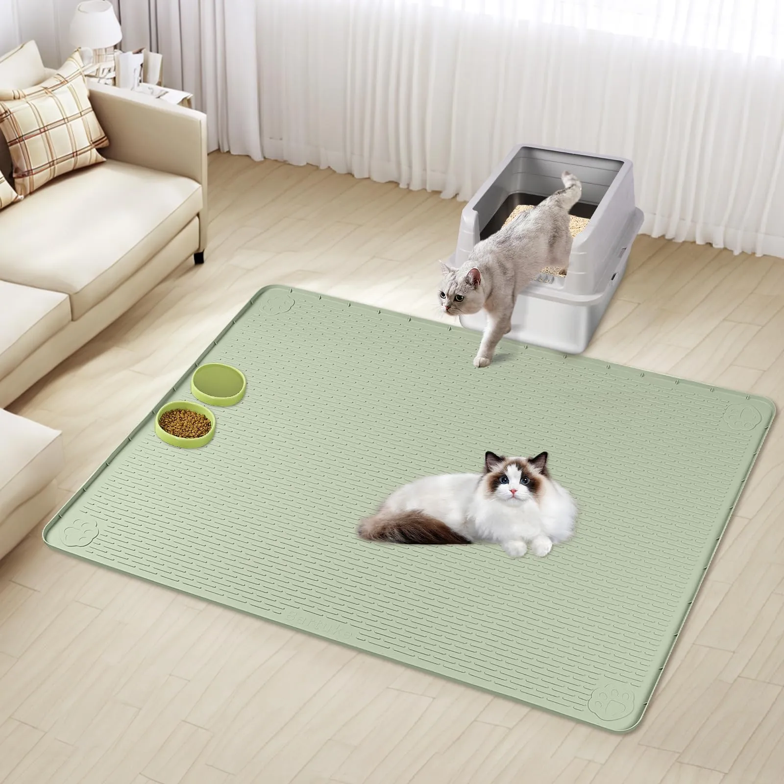 Bartuke Tappetino per lettiera per gatti, extra large, 101 x 101 cm, in silicone, per il controllo dello spargimento, morbido sulle zampe del gatto, facile da pulire (verde) - immagine 7