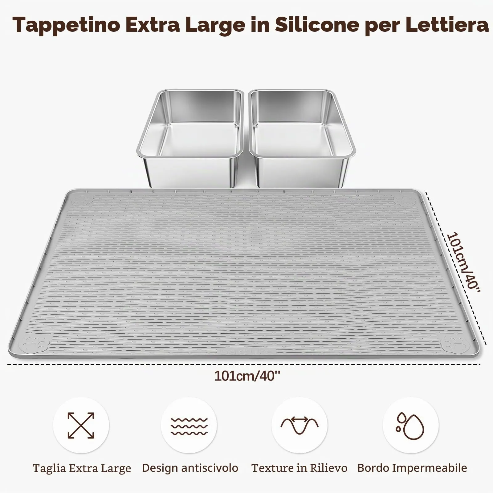 Bartuke Tappetino per lettiera per gatti, extra large, 101 x 101 cm, in silicone, per il controllo dello spargimento, morbido sulle zampe del gatto, facile da pulire (grigio chiaro) - immagine 2