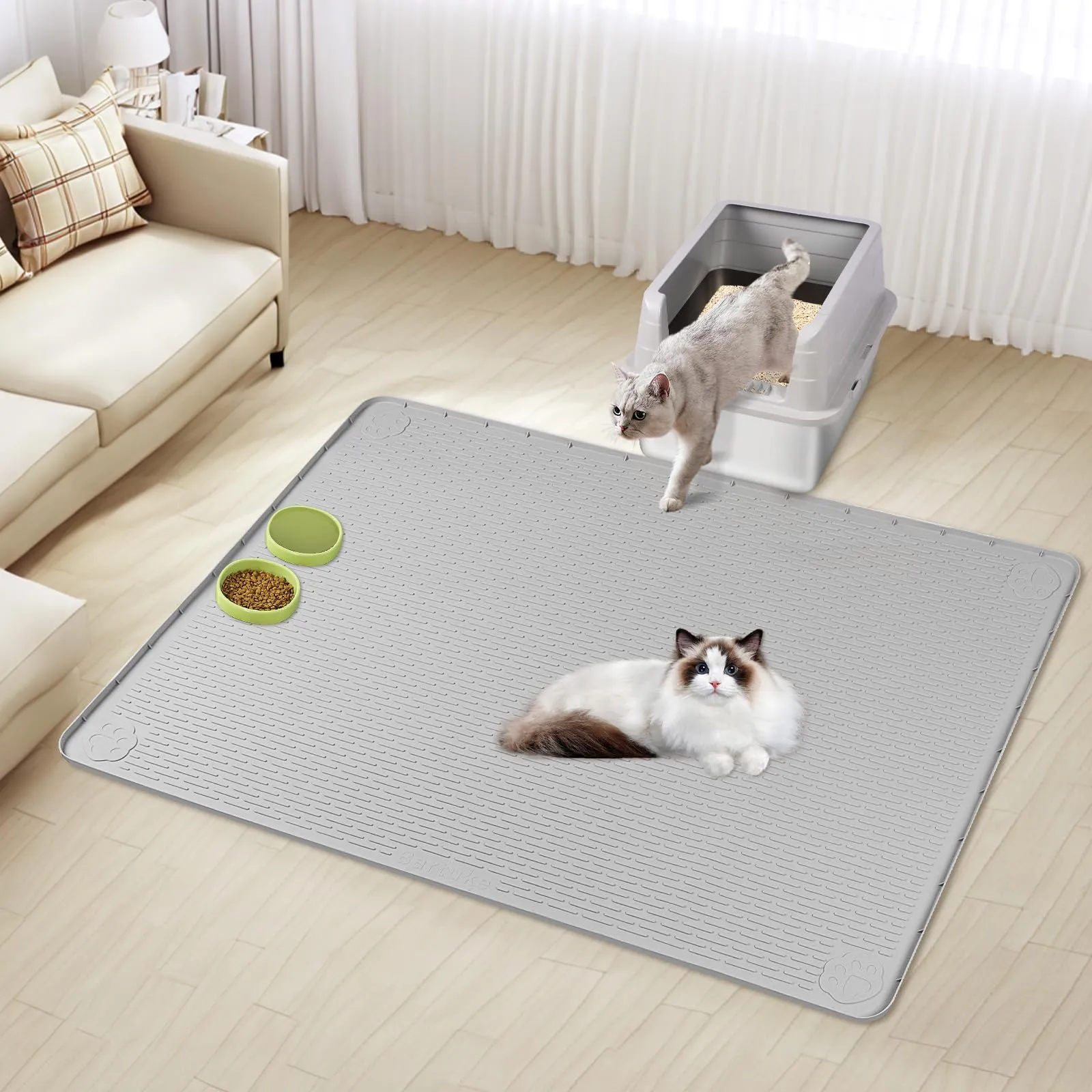 Bartuke Tappetino per lettiera per gatti, extra large, 101 x 101 cm, in silicone, per il controllo dello spargimento, morbido sulle zampe del gatto, facile da pulire (grigio chiaro) - immagine 7