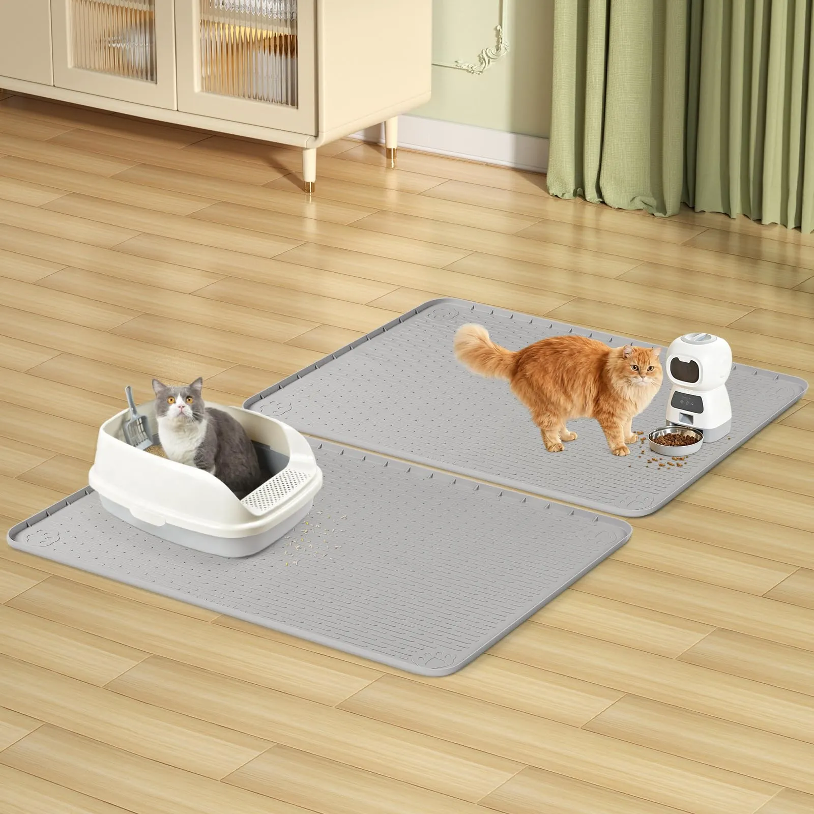 Bartuke Tappetino per lettiera per Gatti, 86 x 56 cm, in Silicone, Morbido per Zampe di Gatto, Facile da Pulire (Grigio Chiaro, 2 Pezzi) - immagine 7