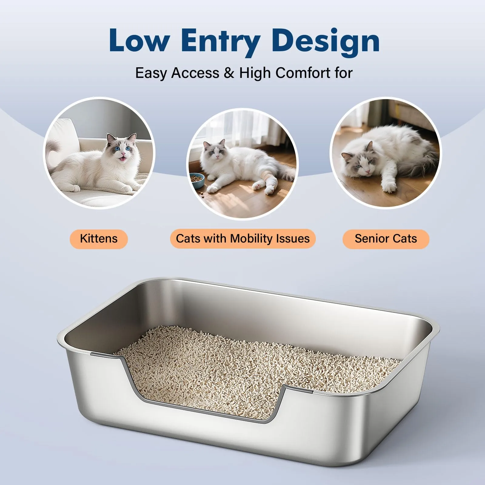 Lettiera Acciaio Inox per Gatti, Lettiera Gatto con Bordi Bassi, Toilette Aperta per Gatti Anziani o Feriti, Lettiere Grande per Gatto XXL, Facile da Pulire, Antiodore e Spaziosa, 45x35x15cm - immagine 2
