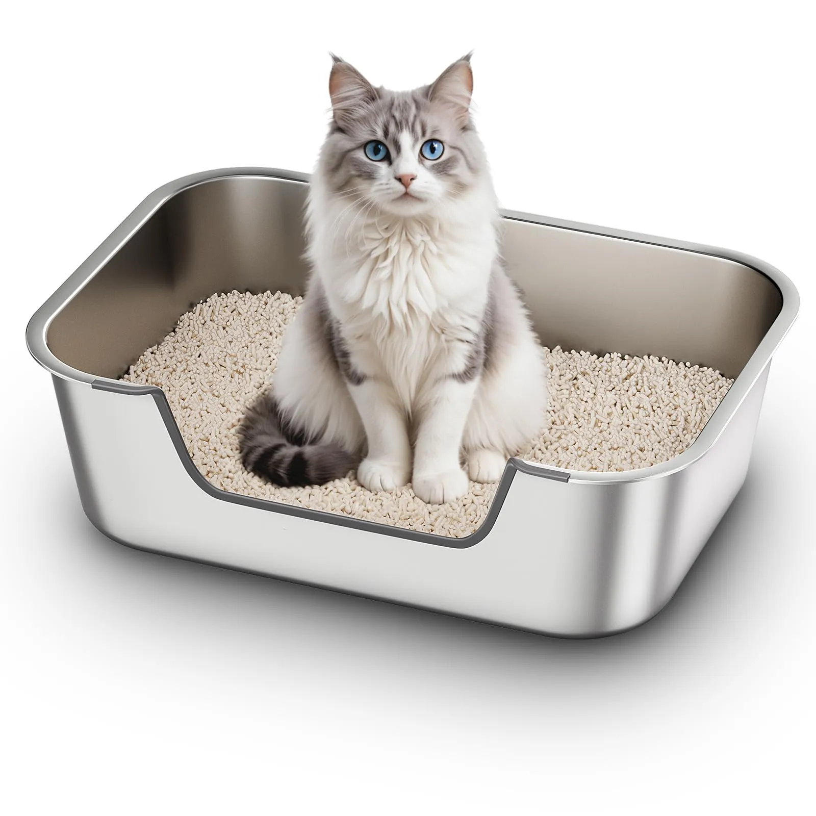 Lettiera Acciaio Inox per Gatti, Lettiera Gatto con Bordi Bassi, Toilette Aperta per Gatti Anziani o Feriti, Lettiere Grande per Gatto XXL, Facile da Pulire, Antiodore e Spaziosa, 50x35x15cm - immagine 1
