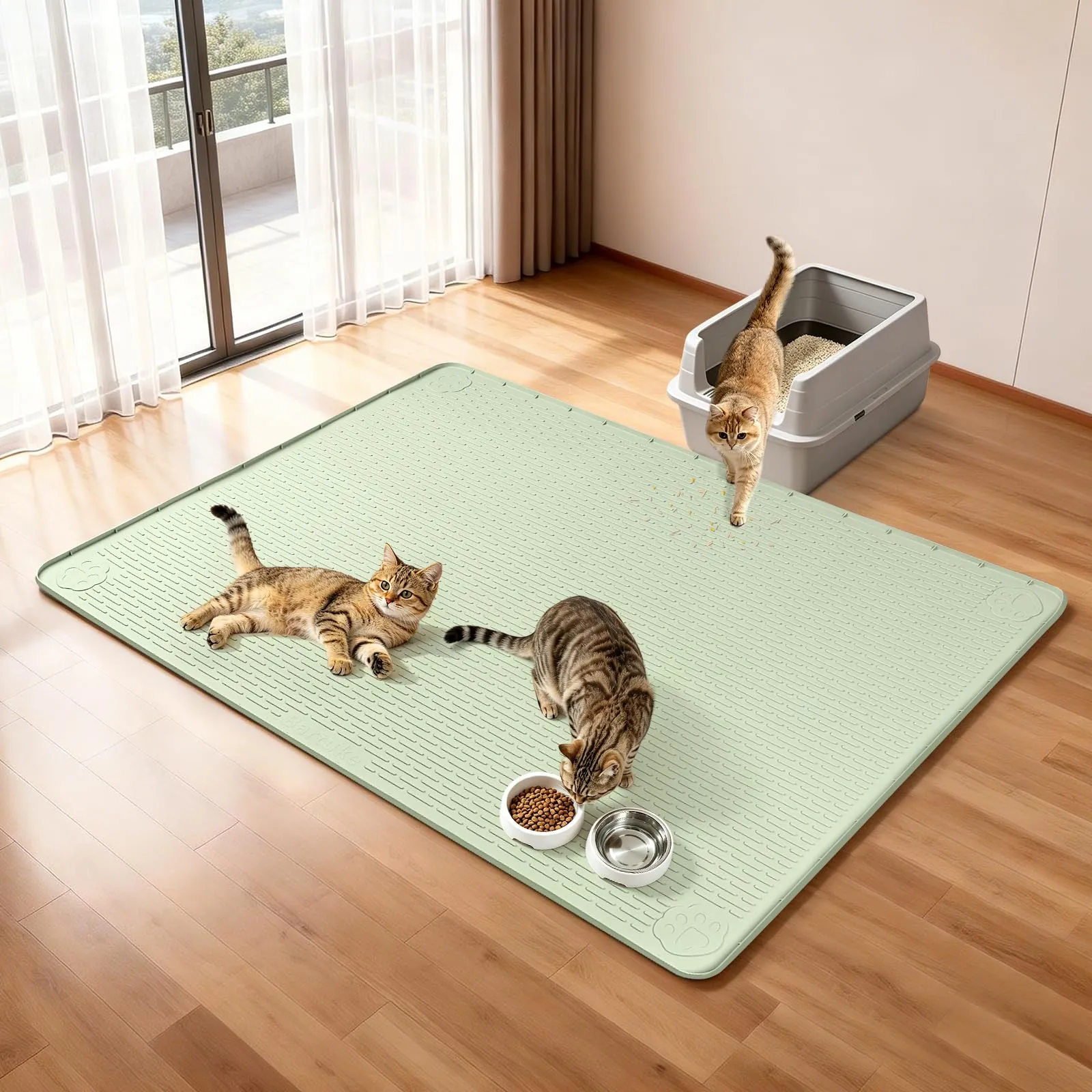 Bartuke Tappetino per lettiera per gatti, XXL, extra large, 178 x 114,3 cm, tappetino in silicone per intrappolare la lettiera per il controllo dello spargimento, morbido sulle zampe del gatto, facile - immagine 3