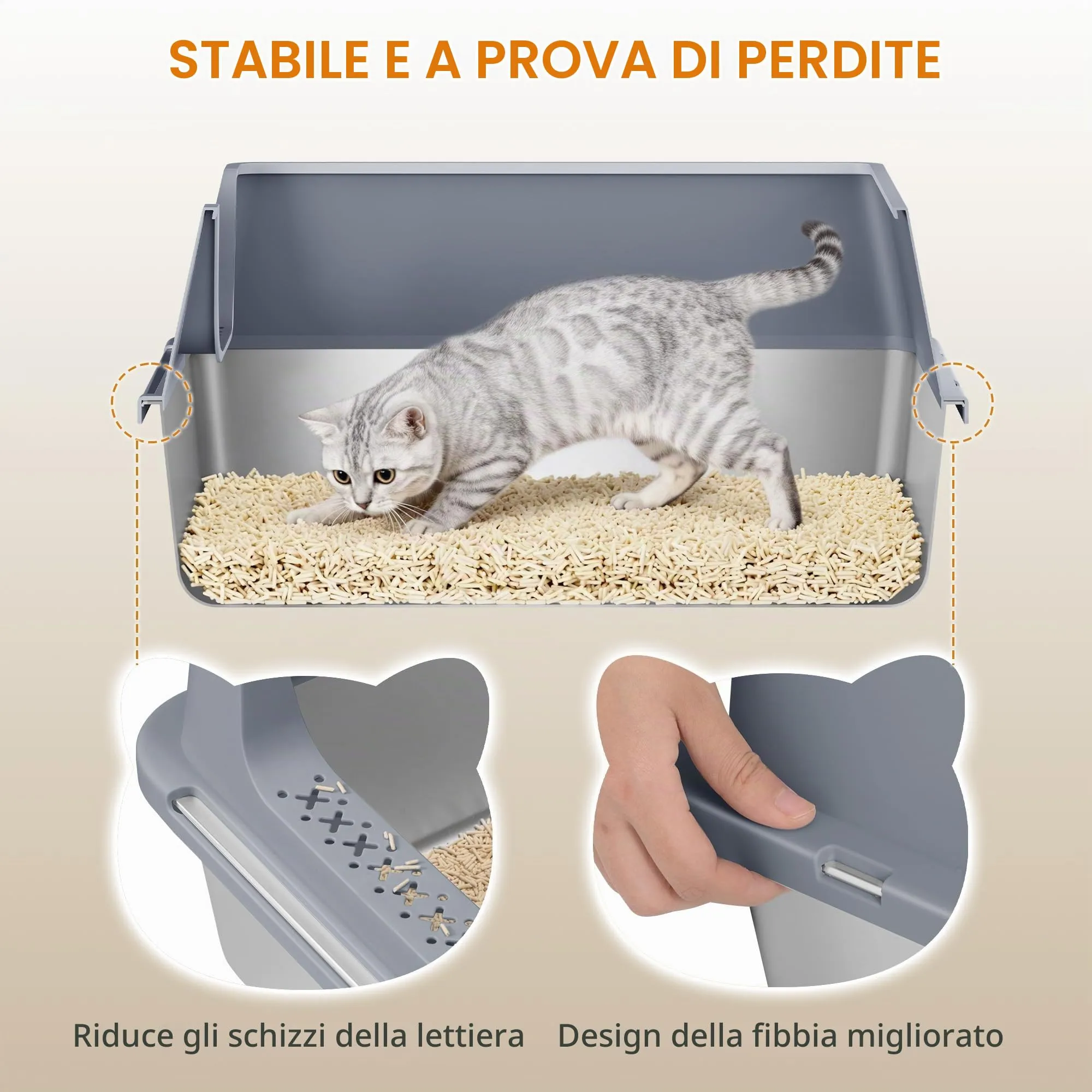 Fobyfurny Lettiera in Acciaio per Gatti XXL, 60,5x40x29 cm, Grigio Scuro - immagine 3