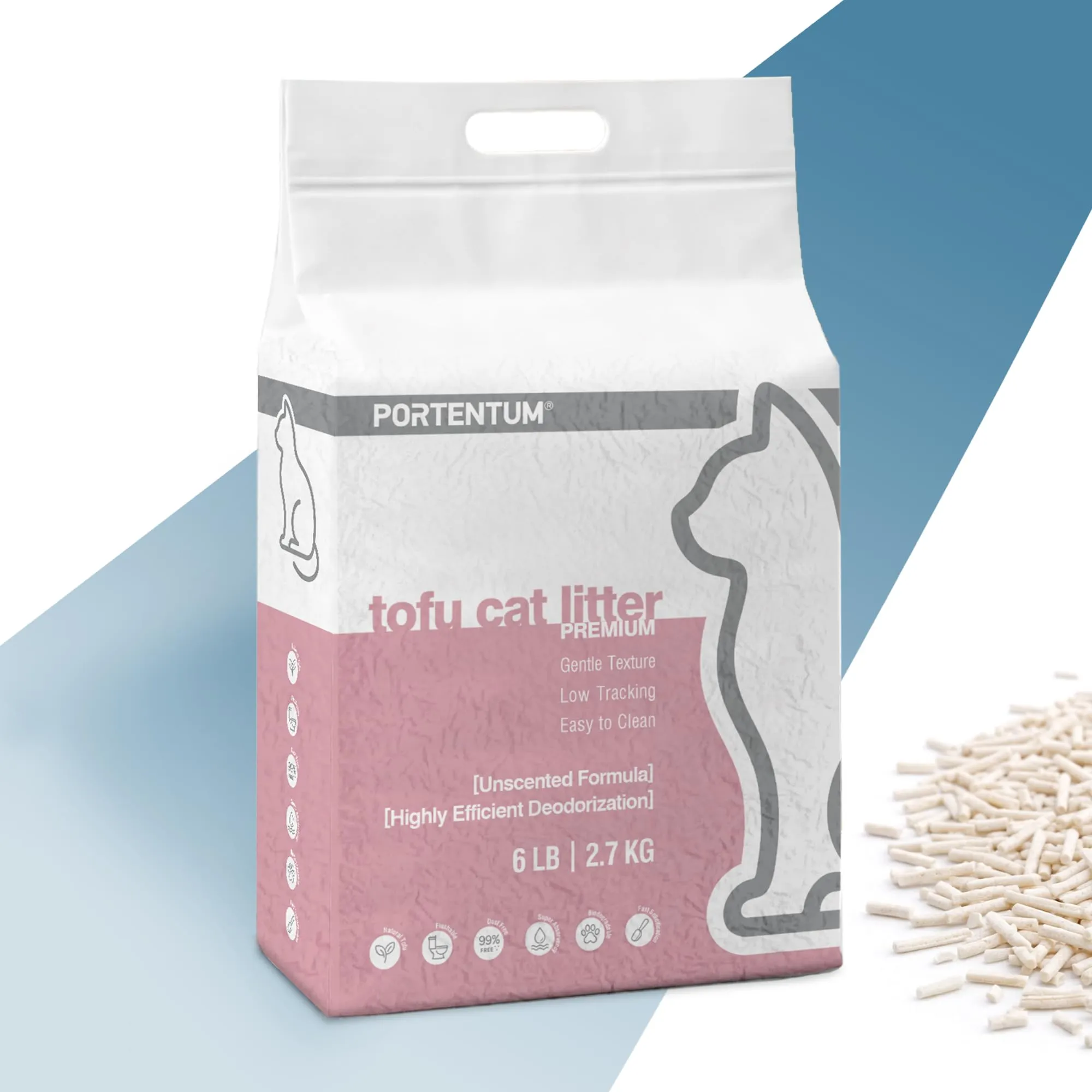 PORTENTUM Sabbia lettiera gatto agglomerante lettiera tofu 6 L senza profumo – Controllo degli odori e pulizia facile – Pellet vegetali che non si attaccano e mantengono il vassoio pulito - immagine 1