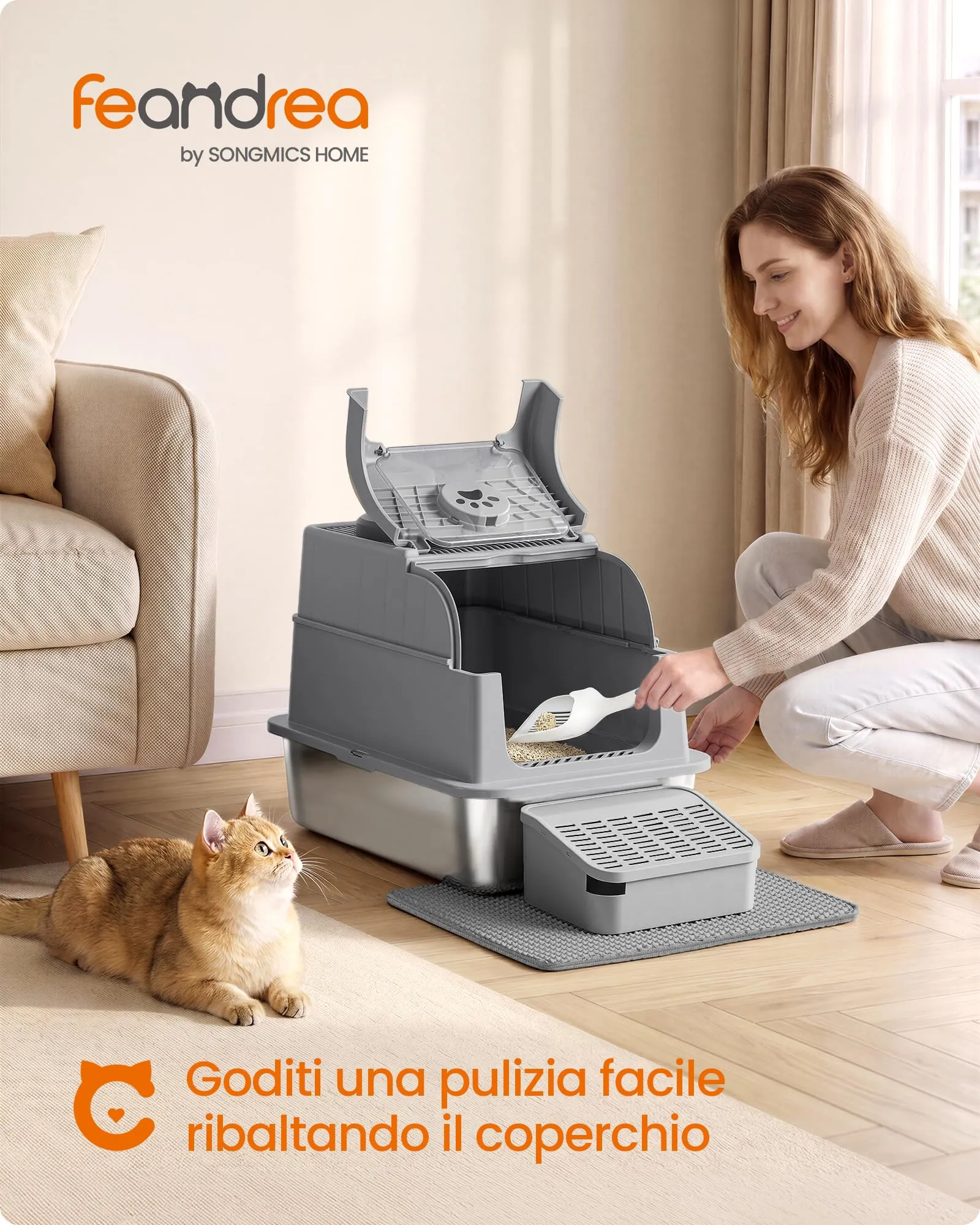Feandrea Lettiera per Gatti in Acciaio Inox con Coperchio, Lettiera Chiusa, 2 Ingressi, Paletta e Spazzola, Toilette per Gatti fino a 15 kg, Grigio Tortora PPT021G201 - immagine 2