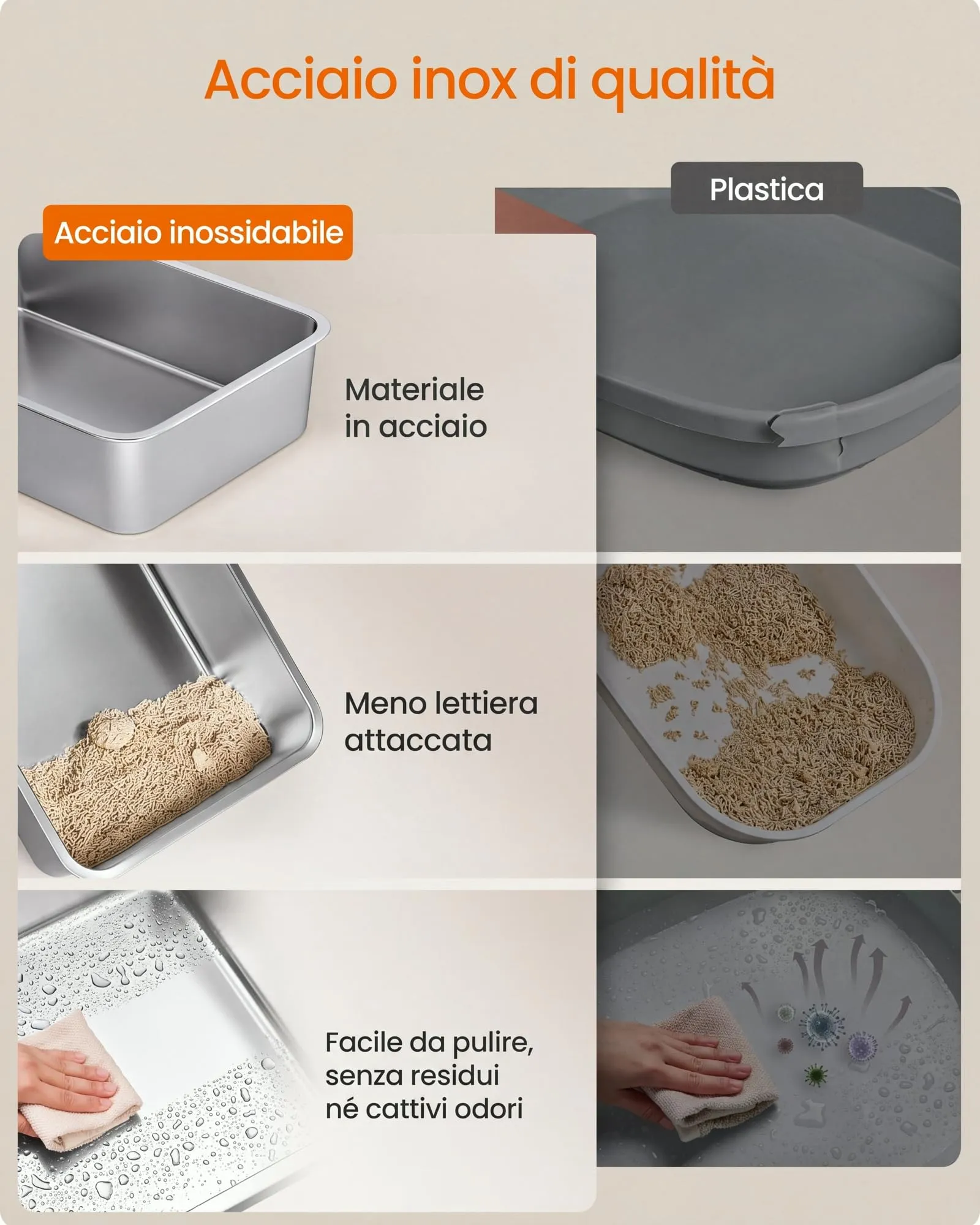 Feandrea Lettiera per Gatti in Acciaio Inox con Coperchio, Lettiera Chiusa, 2 Ingressi, Paletta e Spazzola, Toilette per Gatti fino a 15 kg, Grigio Tortora PPT021G201 - immagine 3