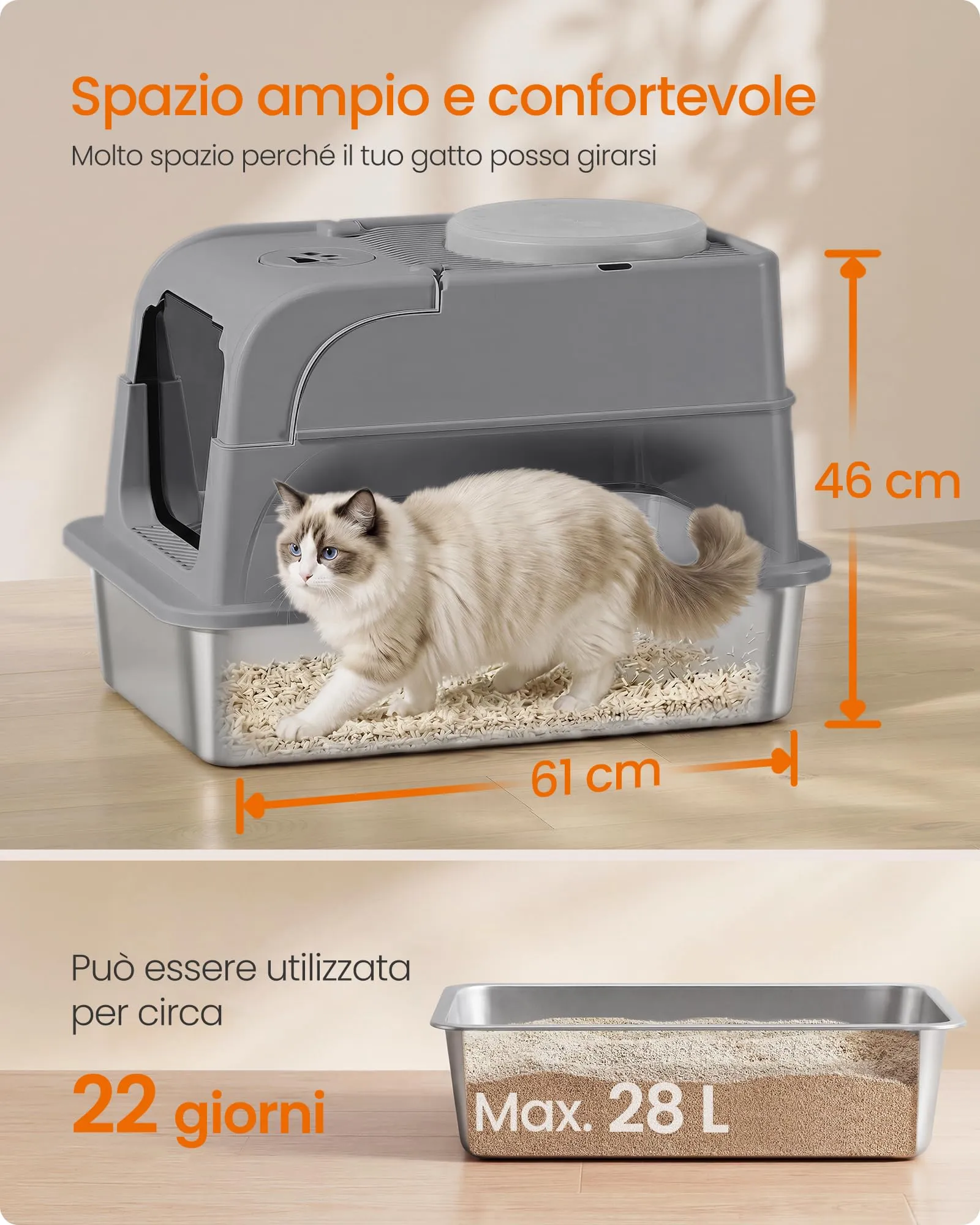 Feandrea Lettiera per Gatti in Acciaio Inox con Coperchio, Lettiera Chiusa, 2 Ingressi, Paletta e Spazzola, Toilette per Gatti fino a 15 kg, Grigio Tortora PPT021G201 - immagine 4