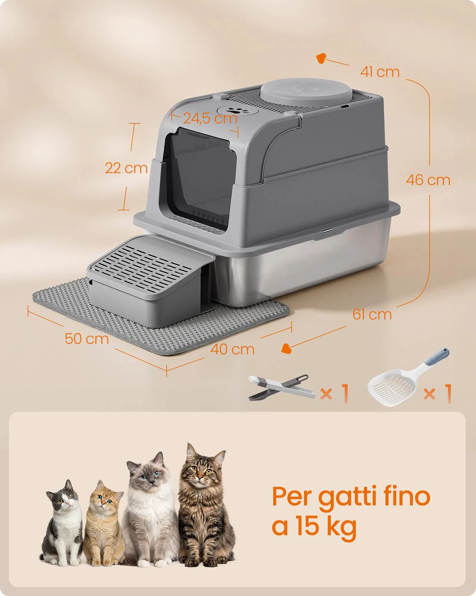 Feandrea Lettiera per Gatti in Acciaio Inox con Coperchio, Lettiera Chiusa, 2 Ingressi, Paletta e Spazzola, Toilette per Gatti fino a 15 kg, Grigio Tortora PPT021G201 - immagine 5