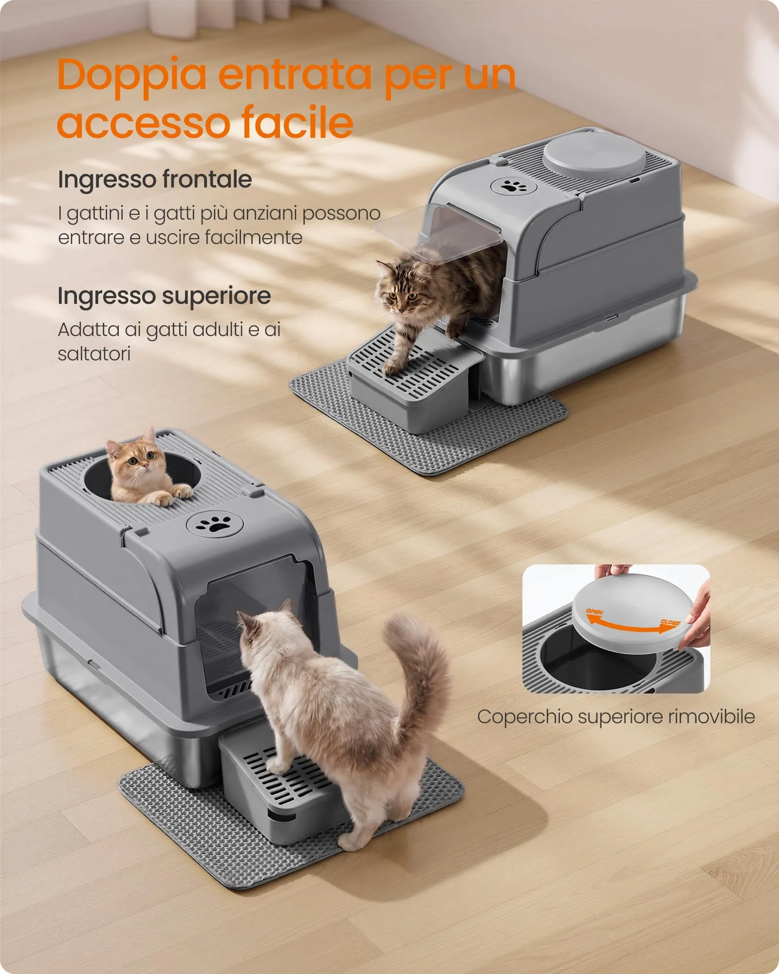 Feandrea Lettiera per Gatti in Acciaio Inox con Coperchio, Lettiera Chiusa, 2 Ingressi, Paletta e Spazzola, Toilette per Gatti fino a 15 kg, Grigio Tortora PPT021G201 - immagine 6