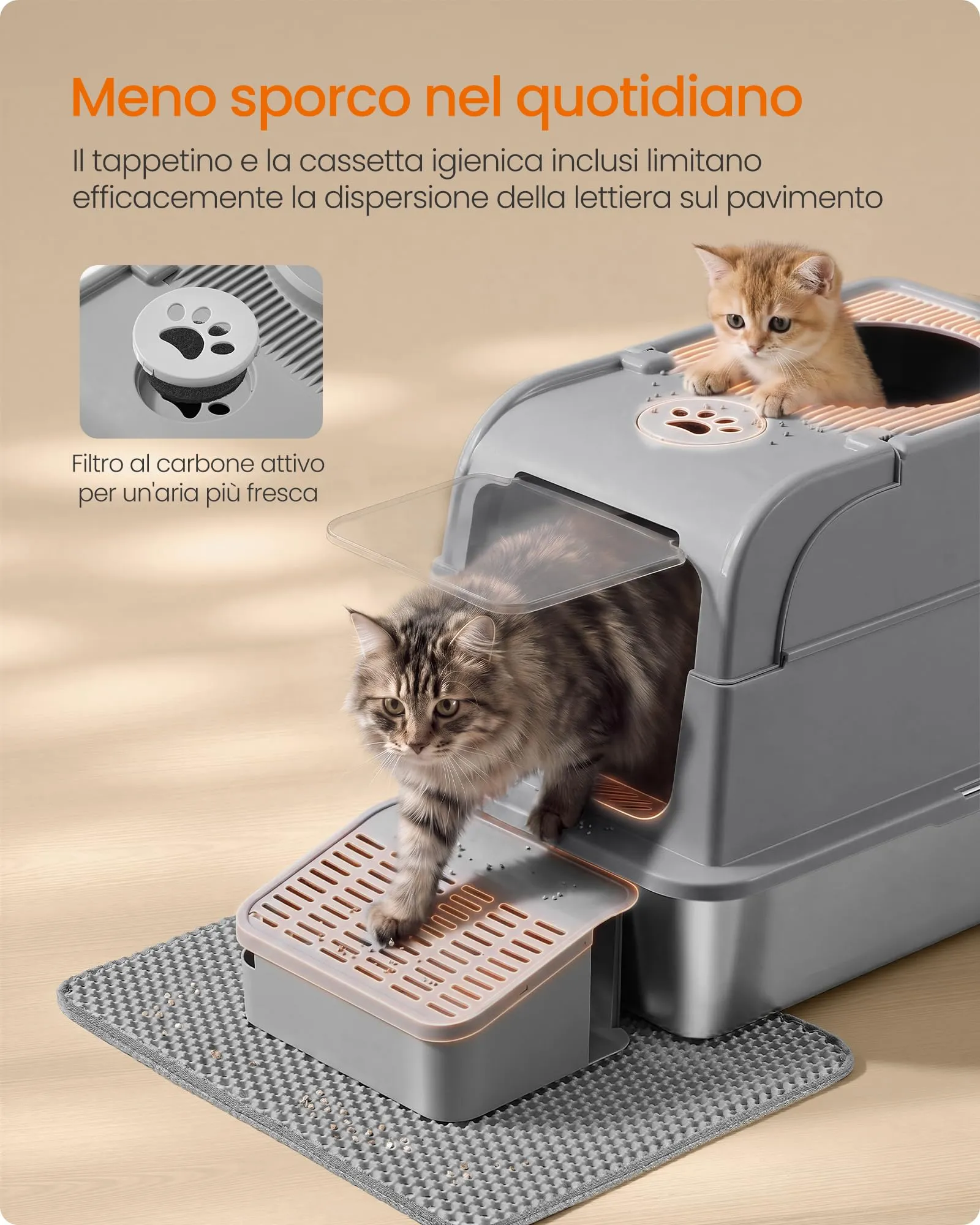 Feandrea Lettiera per Gatti in Acciaio Inox con Coperchio, Lettiera Chiusa, 2 Ingressi, Paletta e Spazzola, Toilette per Gatti fino a 15 kg, Grigio Tortora PPT021G201 - immagine 7