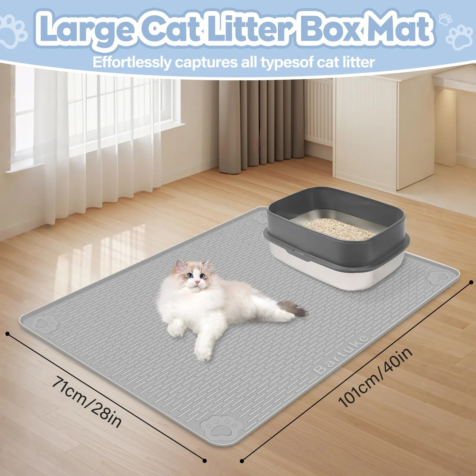 Bartuke Set di 2 tappetini per lettiera per gatti, 101 x 71 cm, tappetino in silicone, grigio chiaro - immagine 2