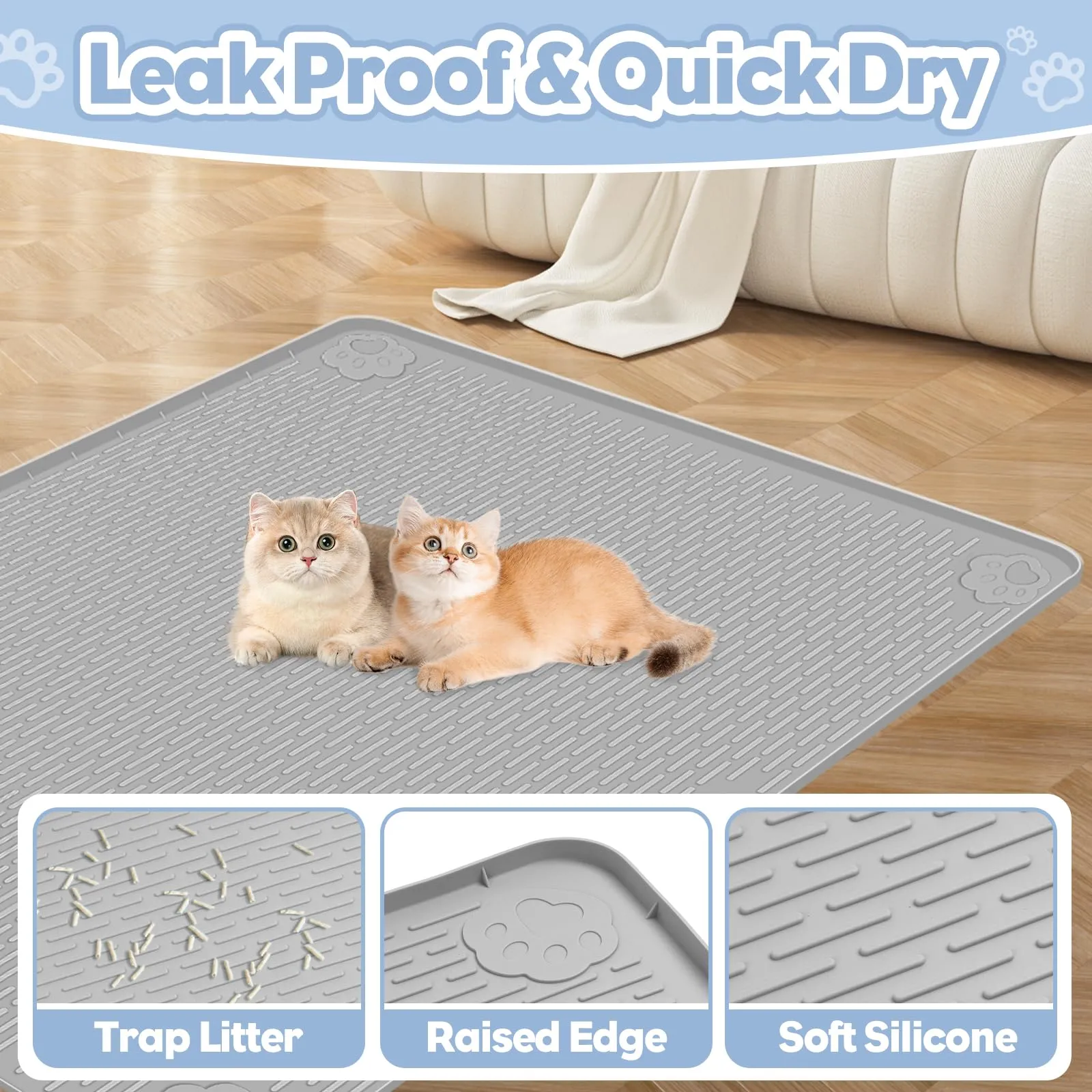 Bartuke Set di 2 tappetini per lettiera per gatti, 101 x 71 cm, tappetino in silicone, grigio chiaro - immagine 3