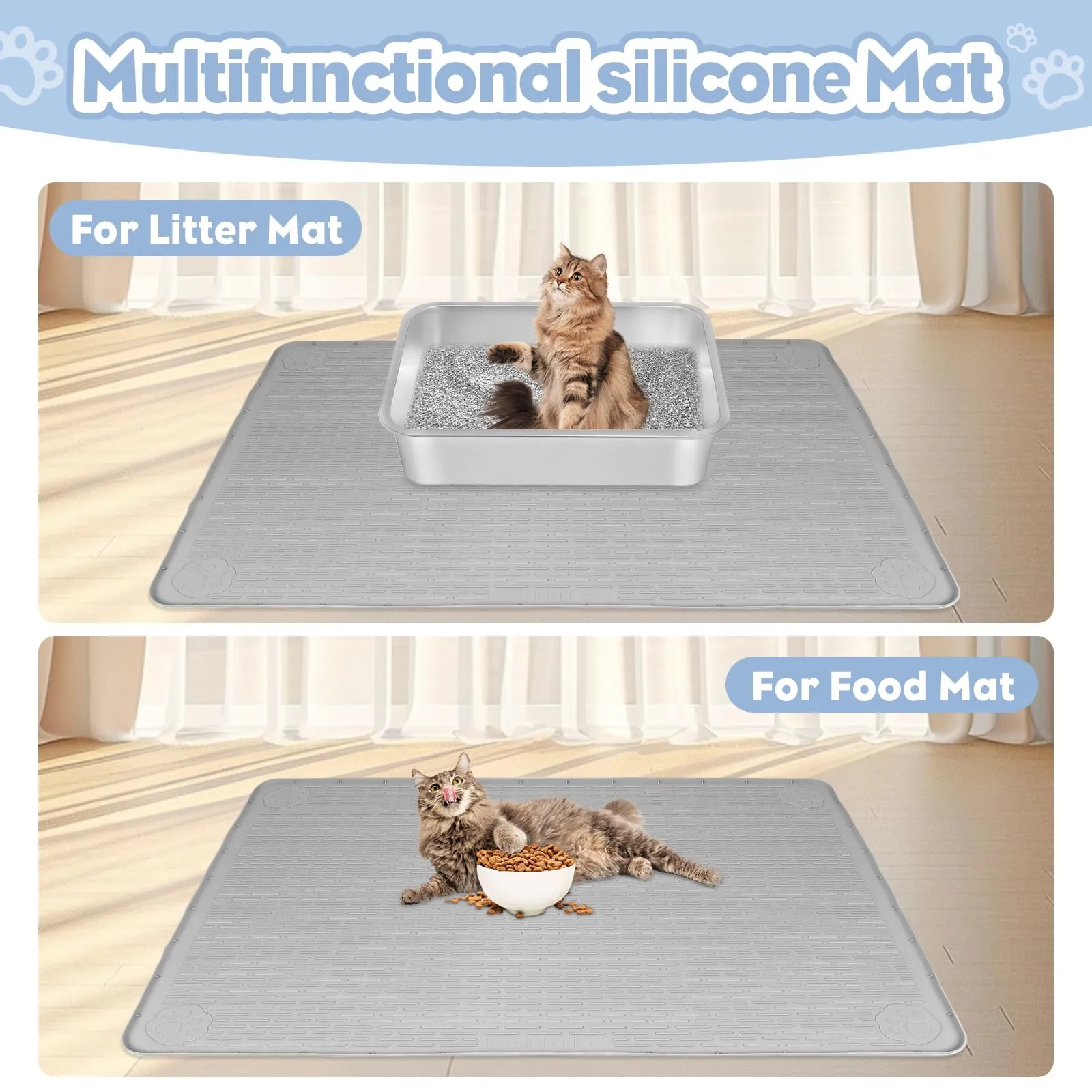 Bartuke Set di 2 tappetini per lettiera per gatti, 101 x 71 cm, tappetino in silicone, grigio chiaro - immagine 7