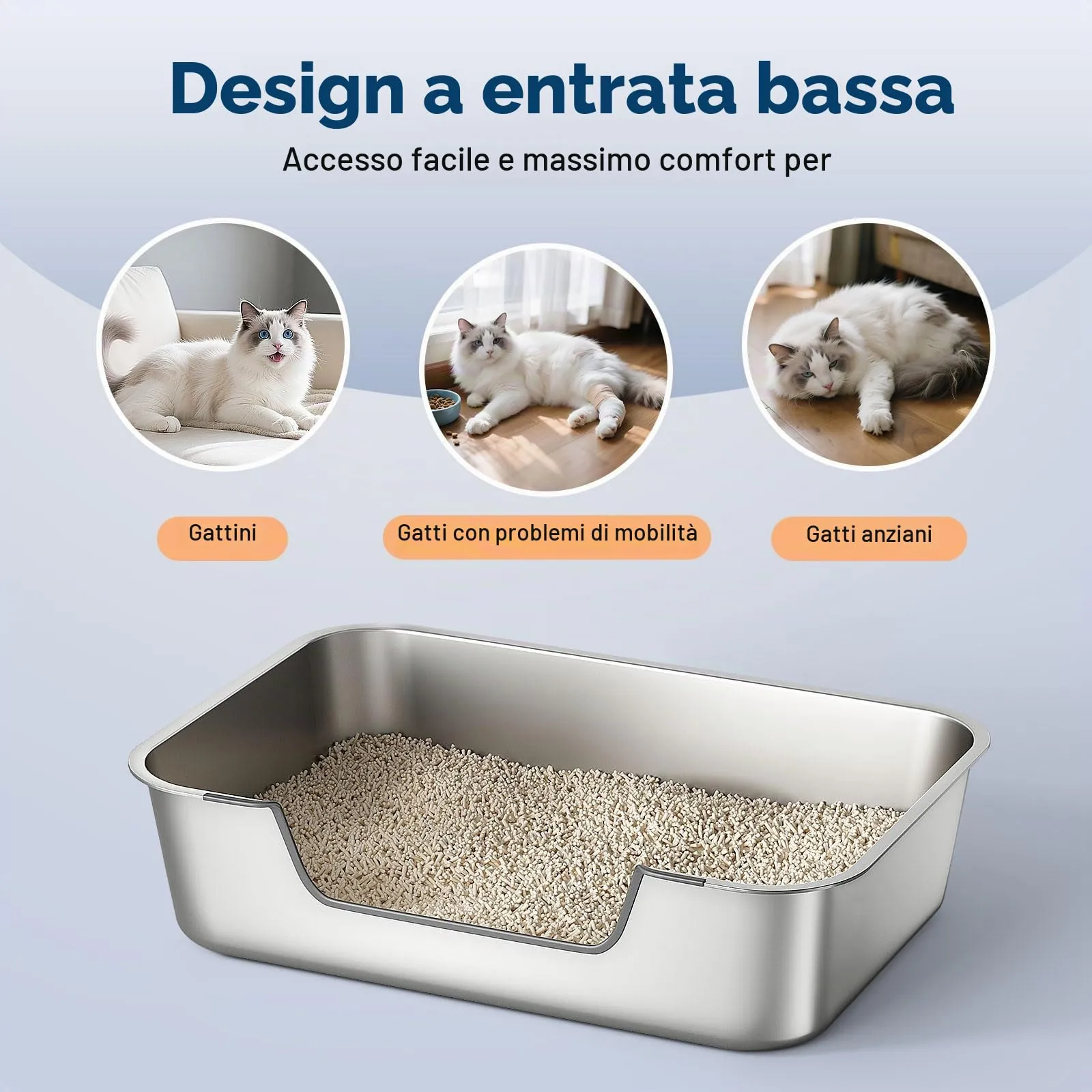 Lettiera Acciaio Inox per Gatti, Lettiera Gatto con Bordi Bassi, Toilette Aperta per Gatti Anziani o Feriti, Lettiere per Gattini, Facile da Pulire, Antiodore e Spaziosa, 40x30x15cm - immagine 2
