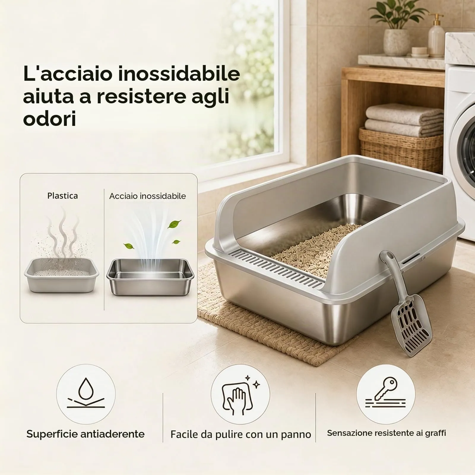 2 Pezzi Lettiera Gatto Acciaio Inox, 50 x 35 x 20 cm grande lettiera in acciaio inox, con bordo alto, per gatto, pala per gatti (M) - immagine 2
