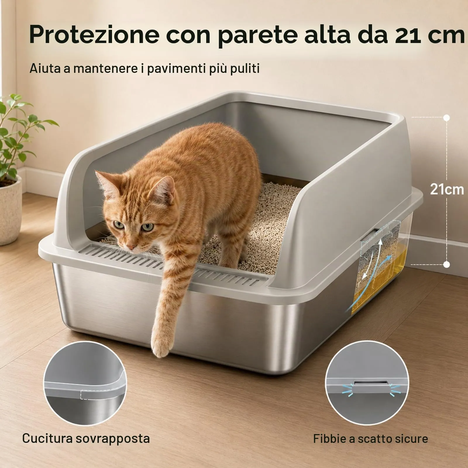 2 Pezzi Lettiera Gatto Acciaio Inox, 50 x 35 x 20 cm grande lettiera in acciaio inox, con bordo alto, per gatto, pala per gatti (M) - immagine 3