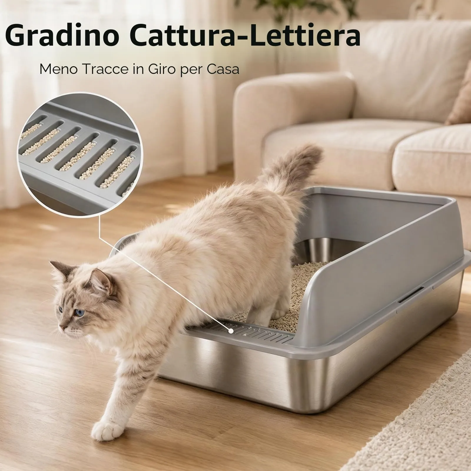 2 Pezzi Lettiera Gatto Acciaio Inox, 50 x 35 x 20 cm grande lettiera in acciaio inox, con bordo alto, per gatto, pala per gatti (M) - immagine 4