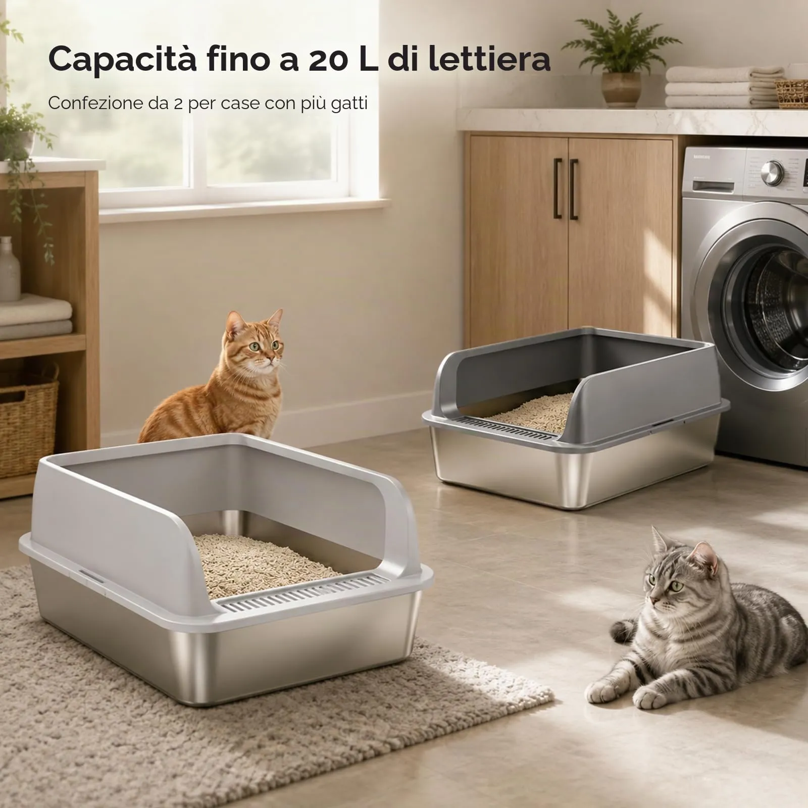 2 Pezzi Lettiera Gatto Acciaio Inox, 50 x 35 x 20 cm grande lettiera in acciaio inox, con bordo alto, per gatto, pala per gatti (M) - immagine 5